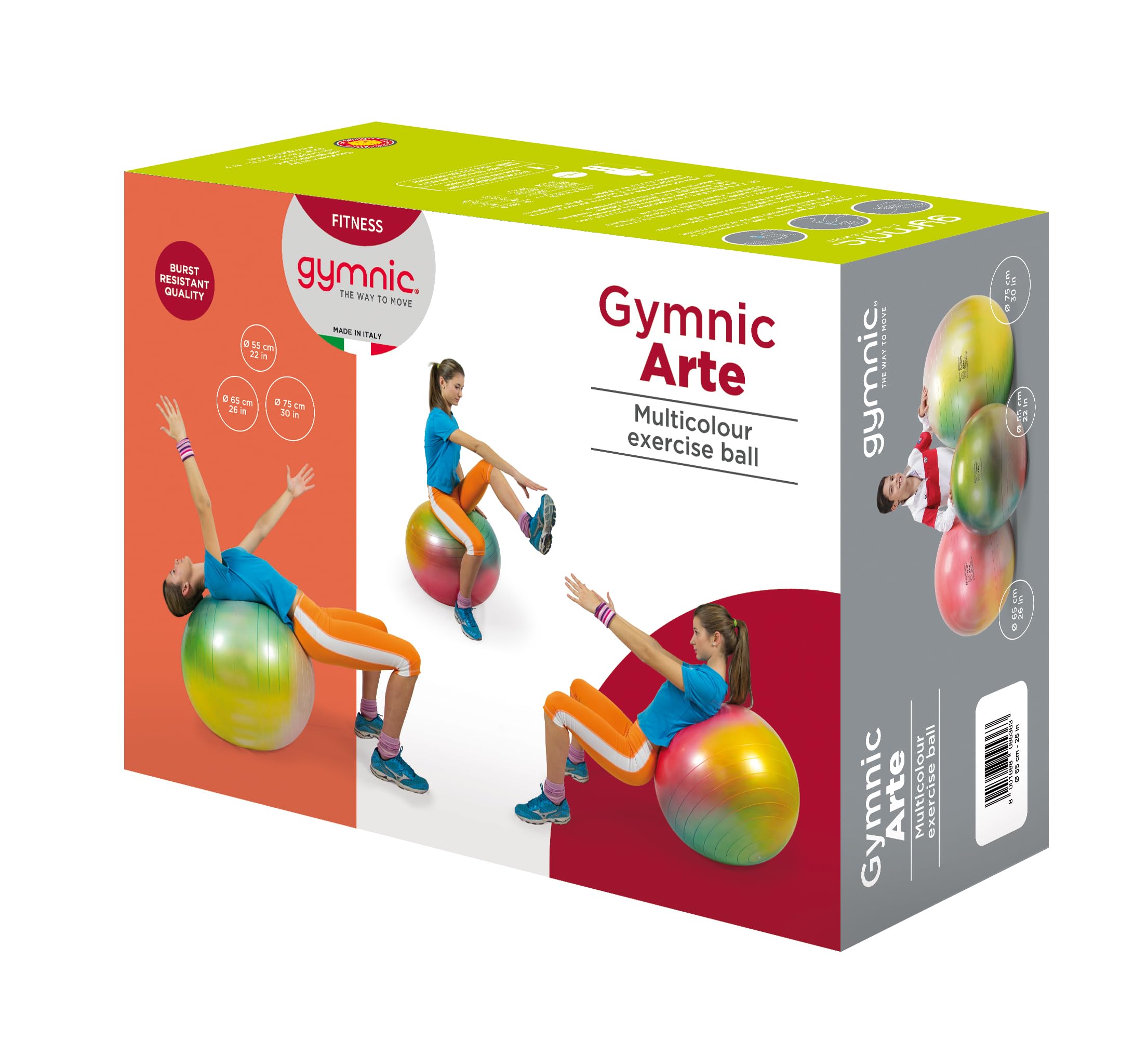 GYMNIC Arte Palla da ginnastica multicolore per fitness max Ø 65 cm, fisioterapia e riabilitazione, ideale per esercizi posturali e come seduta dinamica, dispositivo medico classe I