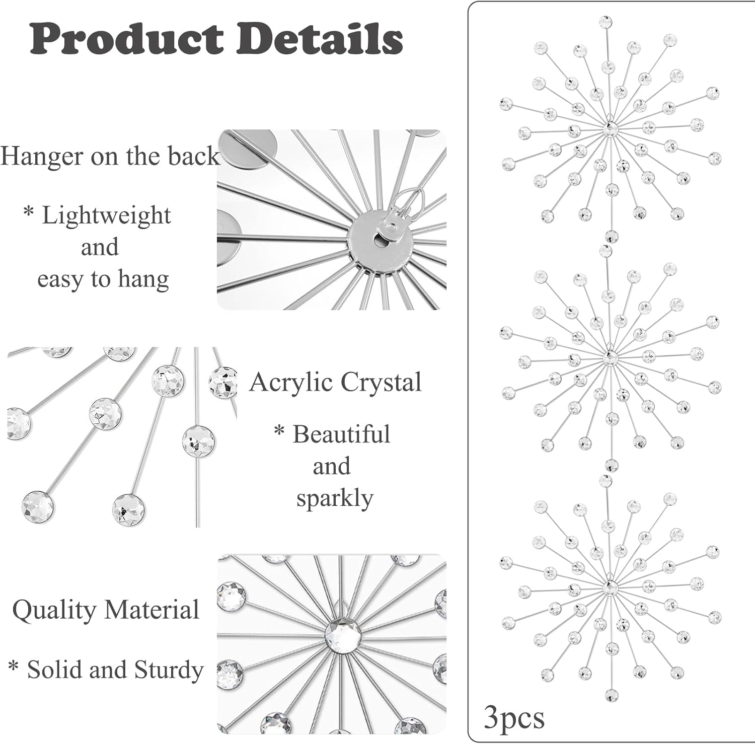 DXYAKY Set of 3 Silver Metal Starburst Wall Art Decor, Rhinestone Crystal Home Decor Accents, 11.8 Inch Decorative Wall Hanging Diamond, Jeweled Sparkle Wall Sculptures for Living Room Bedroom - Image 4