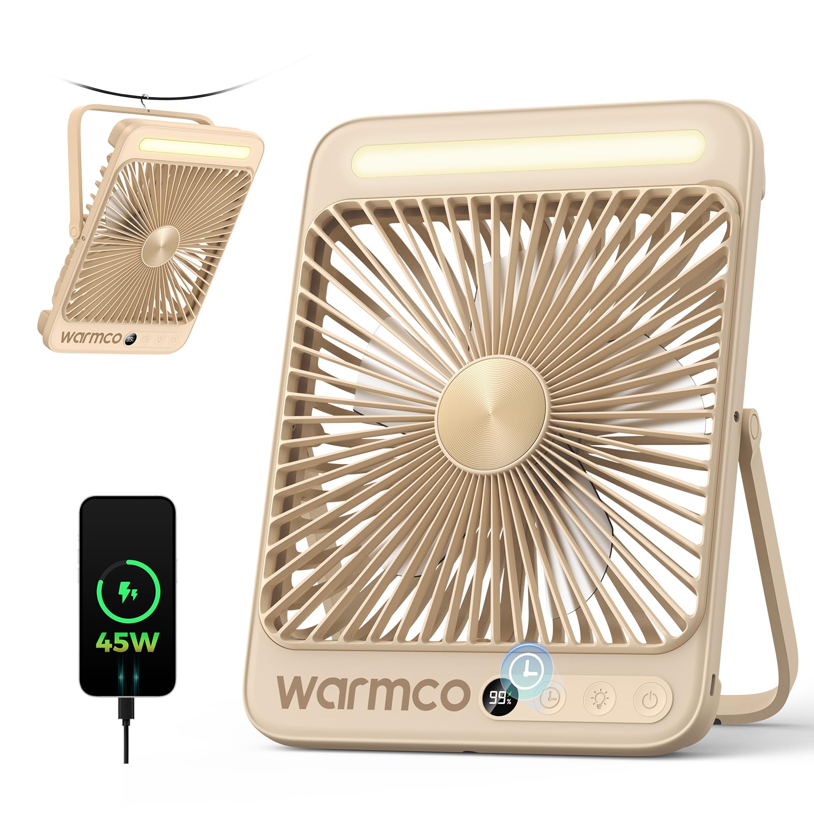 Warmco D4 Max Ventilador Camping 20000mAh, Carga Rápida 45W | Hasta 37H, Ultrafino 4,5 cm, 4 Velocidades, Linterna LED Y Gancho Para Camping, Dormitorio, Oficina Y Viaje