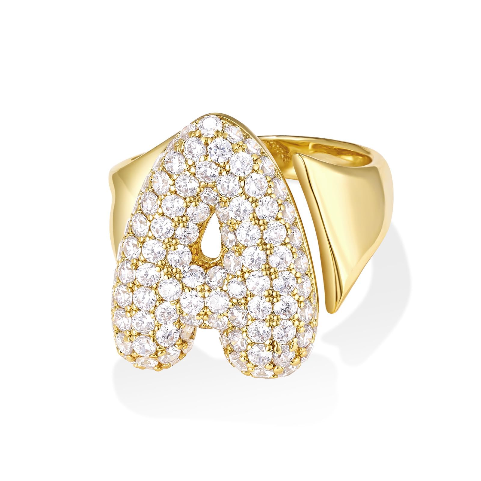 KissYan Anillo con inicial de burbujas para mujer, chapado en oro de 14 quilates, con letras de globo, abierto, ajustable, delicad
