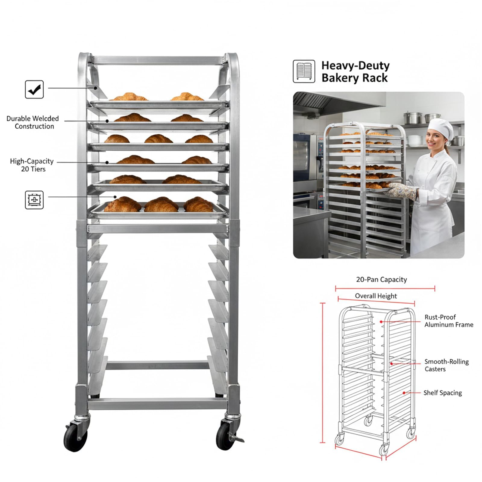 Garvee Carro Bandejero de Aluminio para Panadería 20 Niveles con Ruedas Giratorias Bloqueables - Estante Móvil para Bandejas de Horno, Uso Profesional y Doméstico, 50,8x66x178 cm