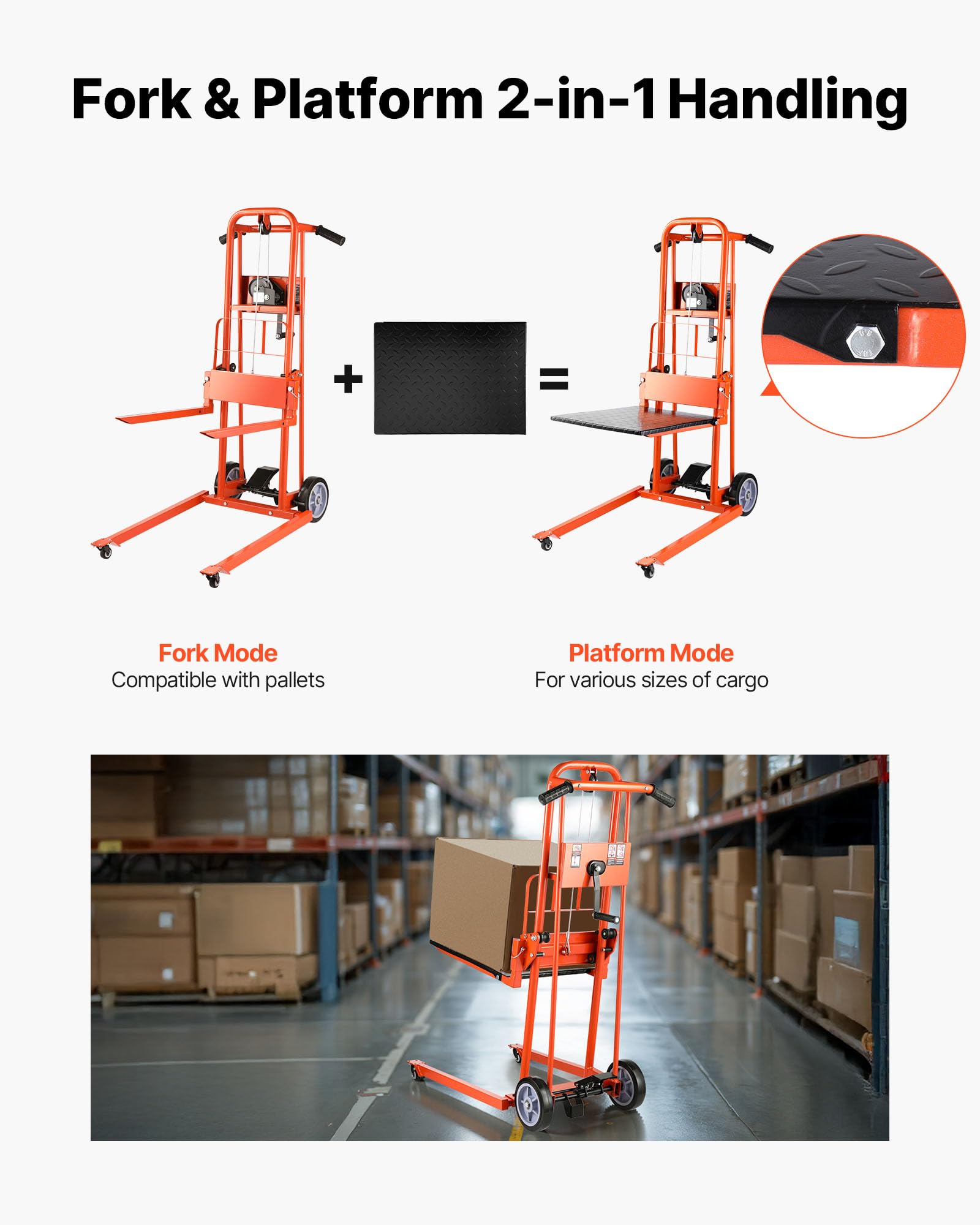 VEVOR Apilador con Cabrestante Manual de Elevación de Materiales con Ruedas Giratorias y Placa Elevadora, Plataforma Elevadora con Capacidad de 149,68 kg, Altura de Elevación Máxima de 1090 mm