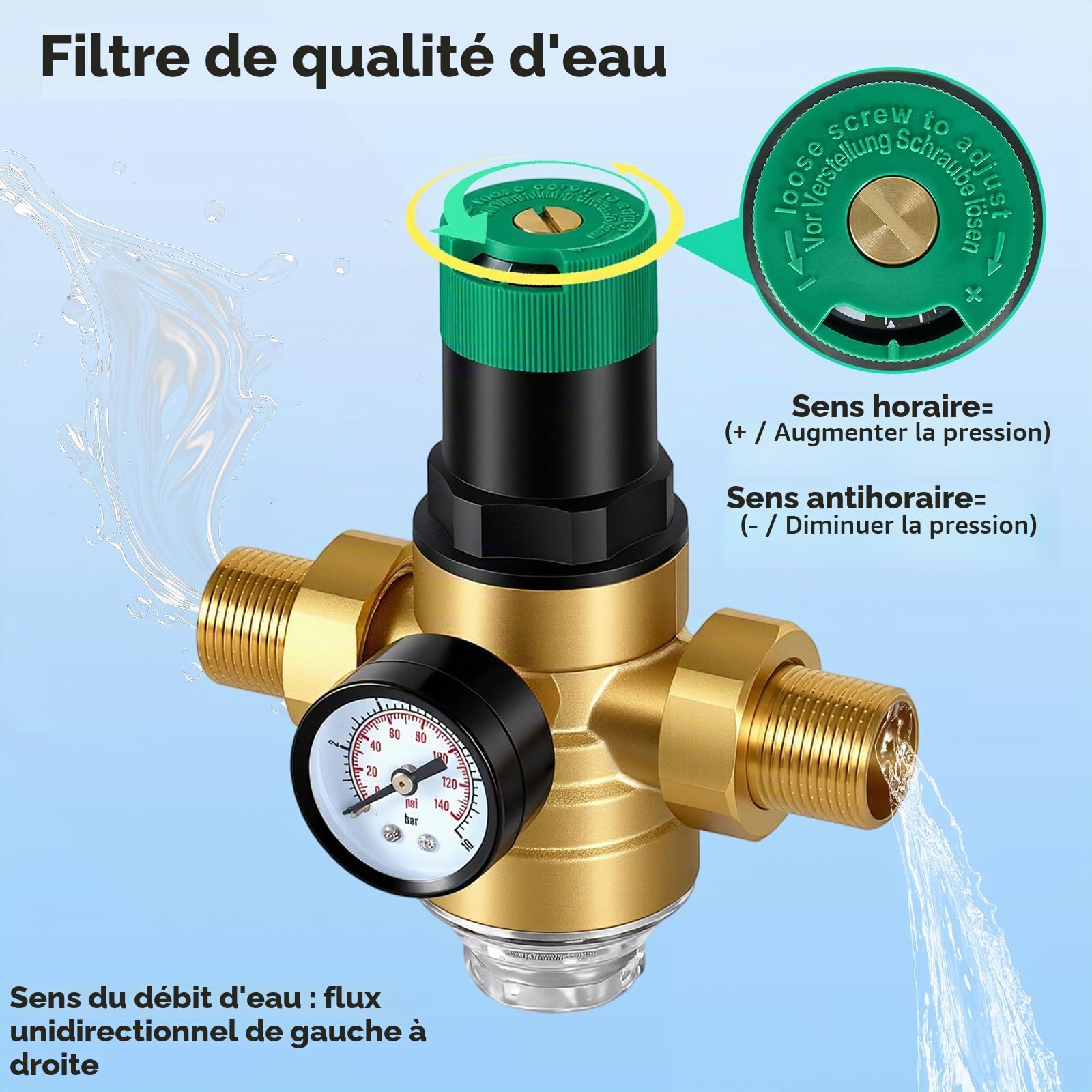 3/4 Pouce Reducteur de Pression Eau, Limiteur de Pression en Laiton Épaissi avec Manomètre et Filtre à Mailles, Régulateur de Pression d’Eau pour Maison, Bâtiment, Usine, Jardin, Chauffage Gaz