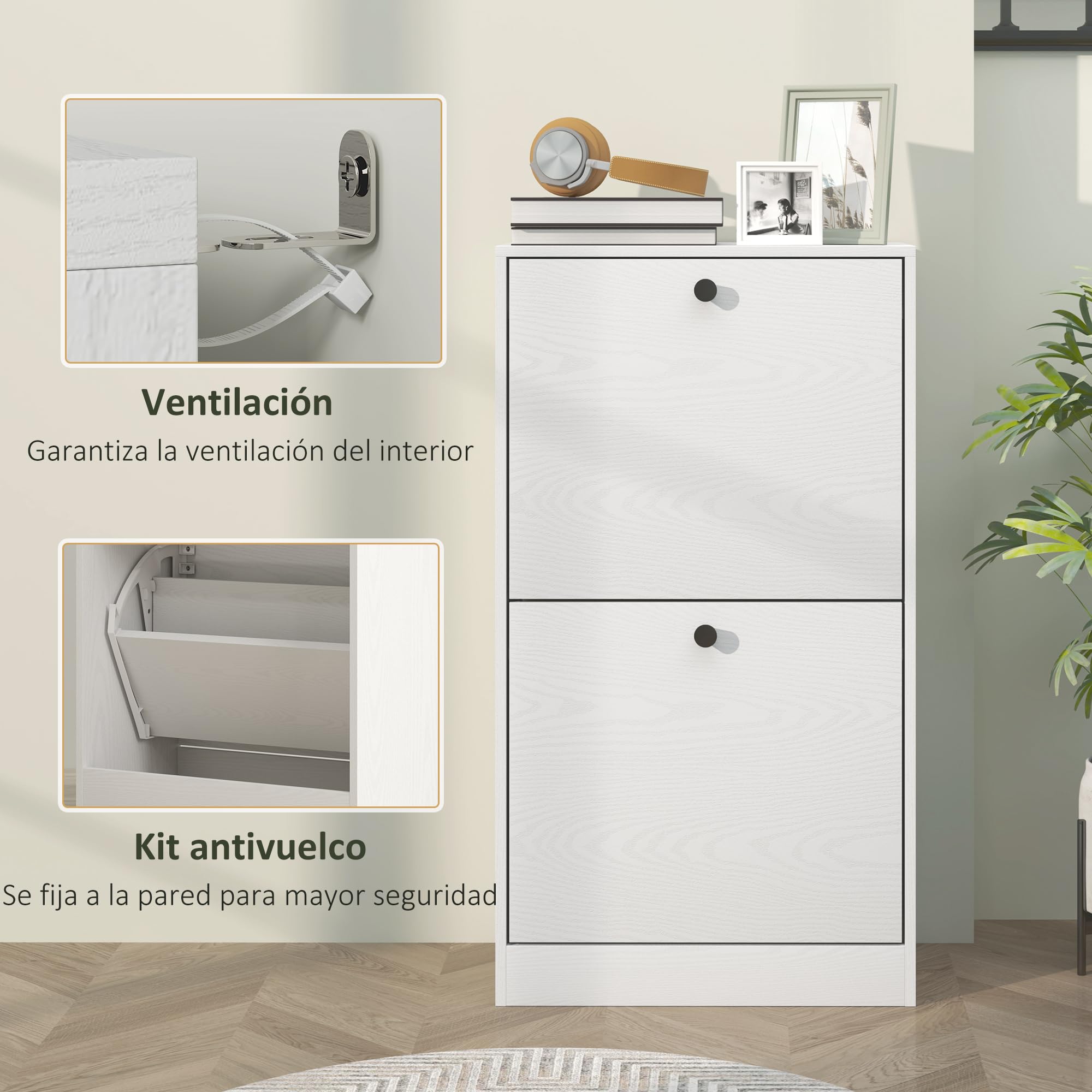 HOMCOM Zapatero Estrecho con 2 Puertas, Zapatero Entrada Recibidor con Estantes Ajustables, para 8 Pares de Zapatos, 47x26x85 cm, Blanco Veteado