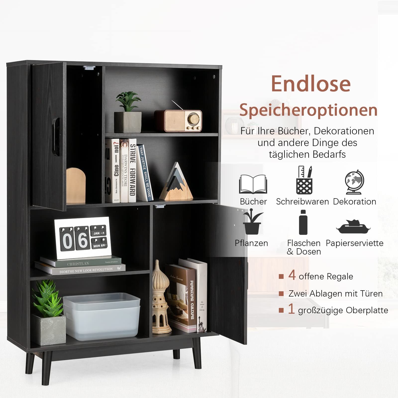 COSTWAY Bücherschrank mit 2 Türen und 4 offenen Regalen, Bücherregal Holz, Standregal, Holzregal, Aufbewahrungsregal für Wohnzimmer, Arbeitszimmer, Küche, 80 x 24 x 120 cm (Schwarz)