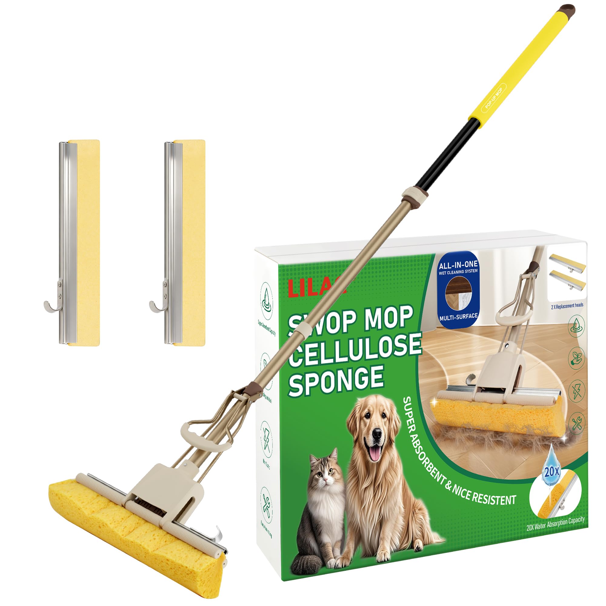 LILAC Mopa de esponja de celulosa con 2 cabezales de repuesto, mango codificado en 4 colores para limpieza zonal, mopa con rodillo desplegable súper absorbente para madera dura, suelos laminados
