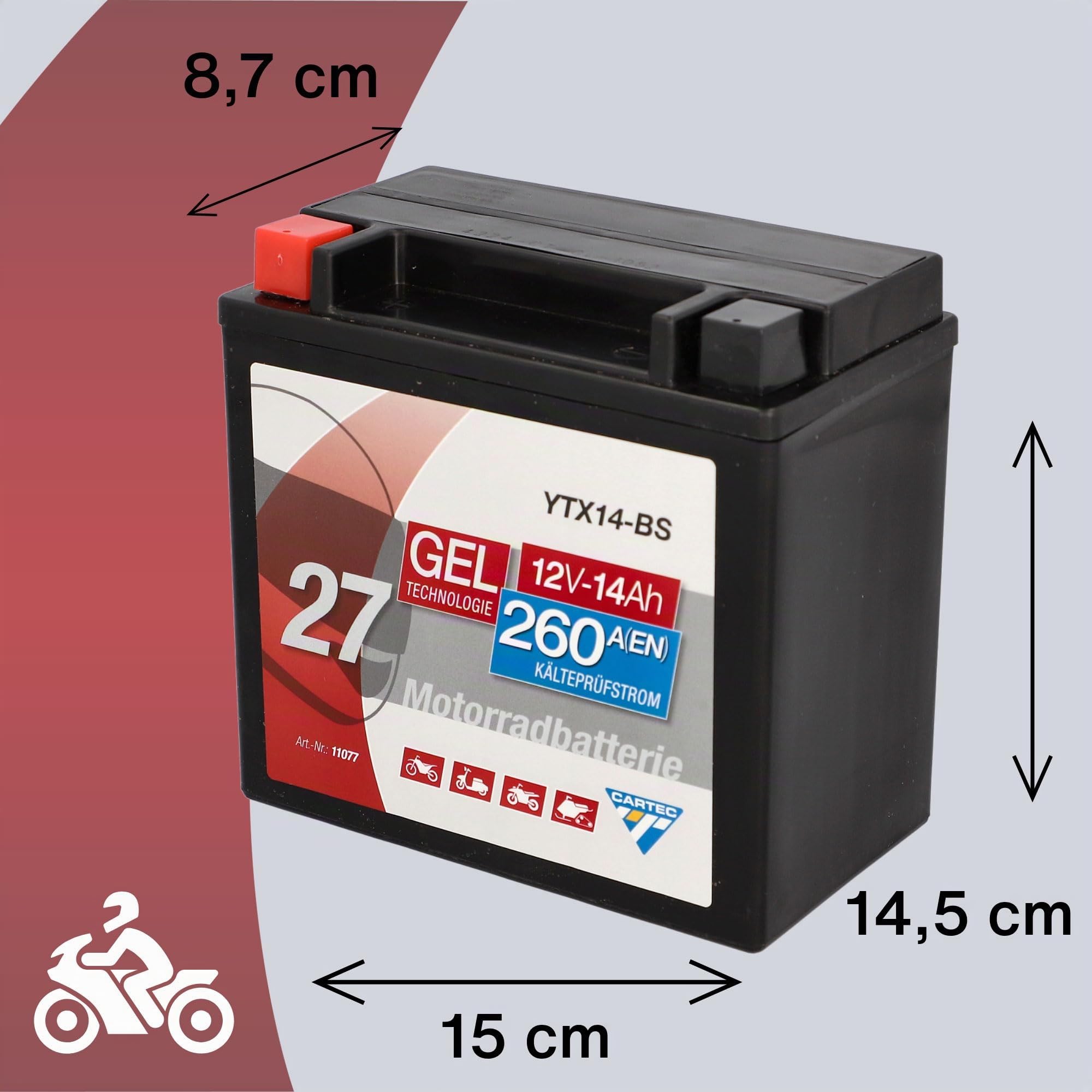 CARTEC Batterie moto YTX14-BS, 12Ah, 200A, Technologie Gel Batterie de Démarrage Moto, Qualité D'Origine, Résistante au Cyclage, Stockable, sans Entretien