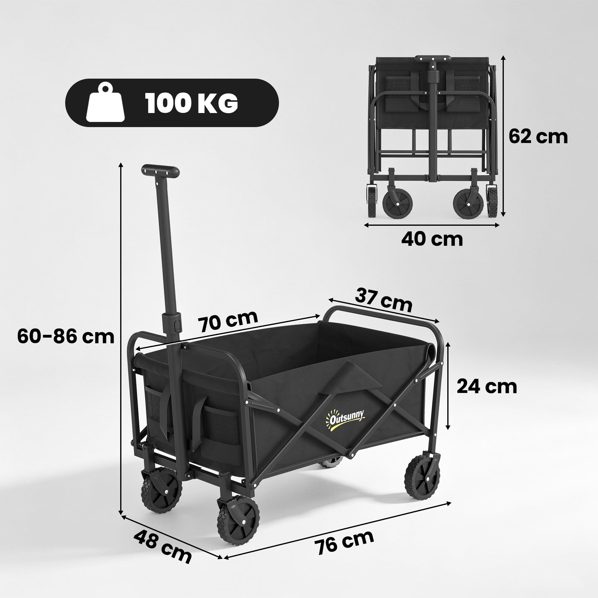 Outsunny Carrello da Giardino da 62L con Ruote Girevoli, Carrello Spiaggia Pieghevole in Metallo e Tessuto Oxford con Borsa e Maniglia Girevole e Regolabile, 76x48x86 cm, Nero
