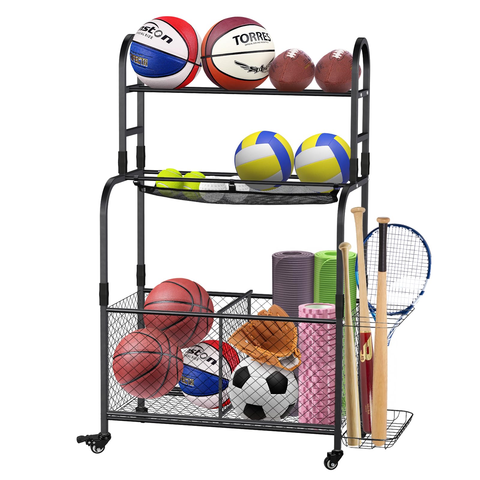 Arejonner Garage Garage Sports Equipment Organizer - Rolling Ball Storage Bin with Wheels and Rope Sports Equipment Organizer - Rolling Ball Storage Bin with Wheel, Black