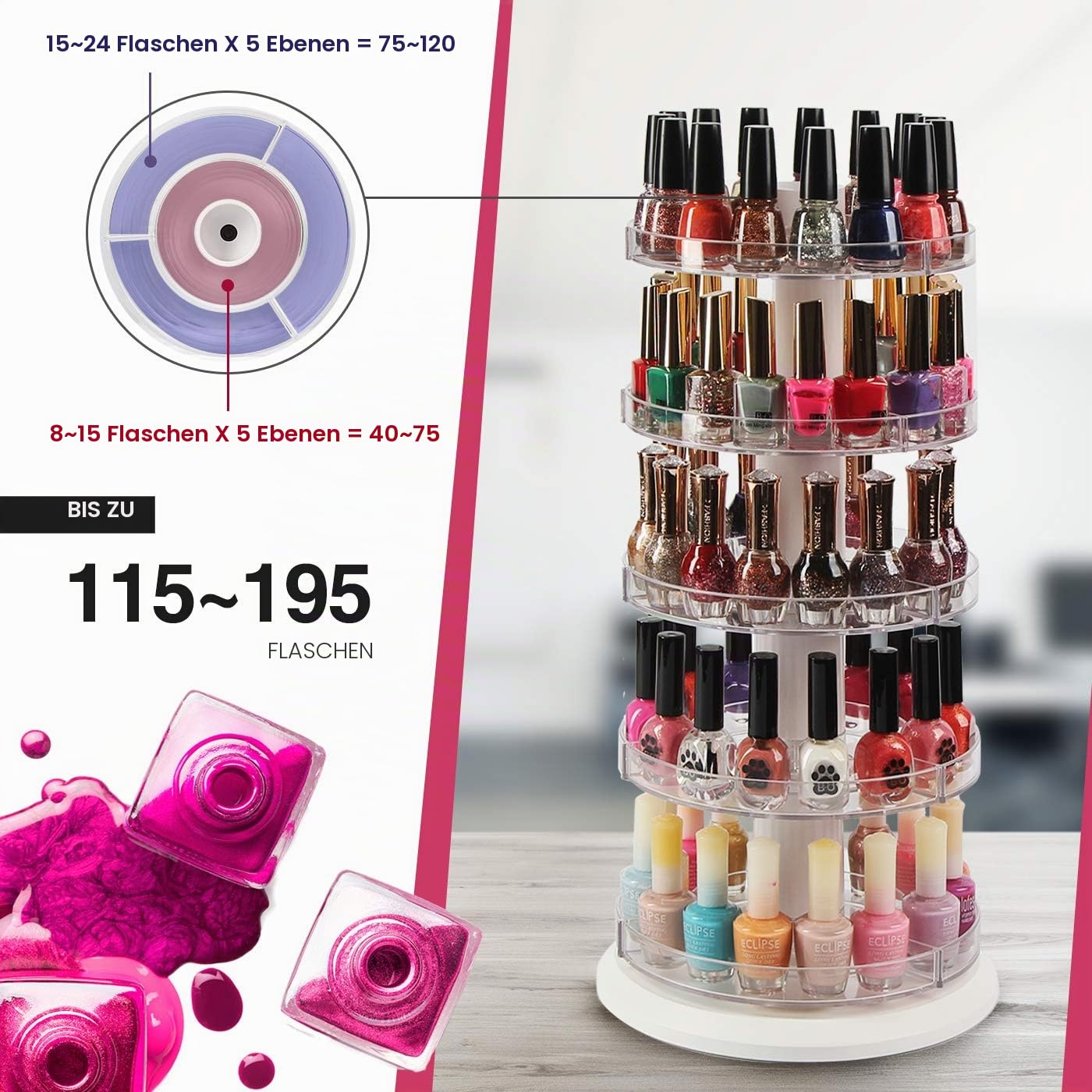 J JACKCUBE DESIGN Drehbarer Acryl-Nagellackständer, drehbares Regal für 115–195 Flaschen, 5-stöckiger Nagellack-Organizer