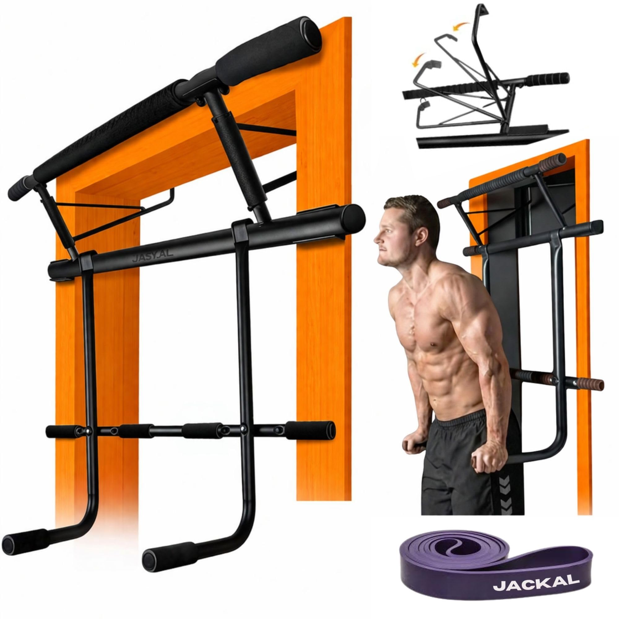 JACKAL Door Pullup Bar and Dip Bar Station - Removable Dip Bars Rigid NO WOBBLE Easy Folding Storage