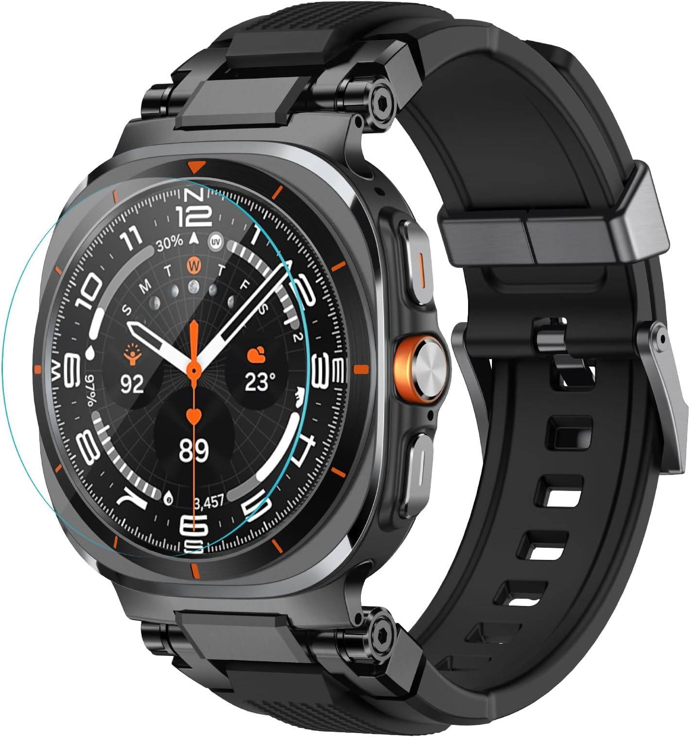 amBand for Samsung Galaxy Watch Ultra (2025/2024) Bands for Men, Metal Connector Rugged Strap for Galaxy Watch 7 Ultra 47mm, Sport Accessories with 9H Tempered Glass Screen Protector - Black/Black