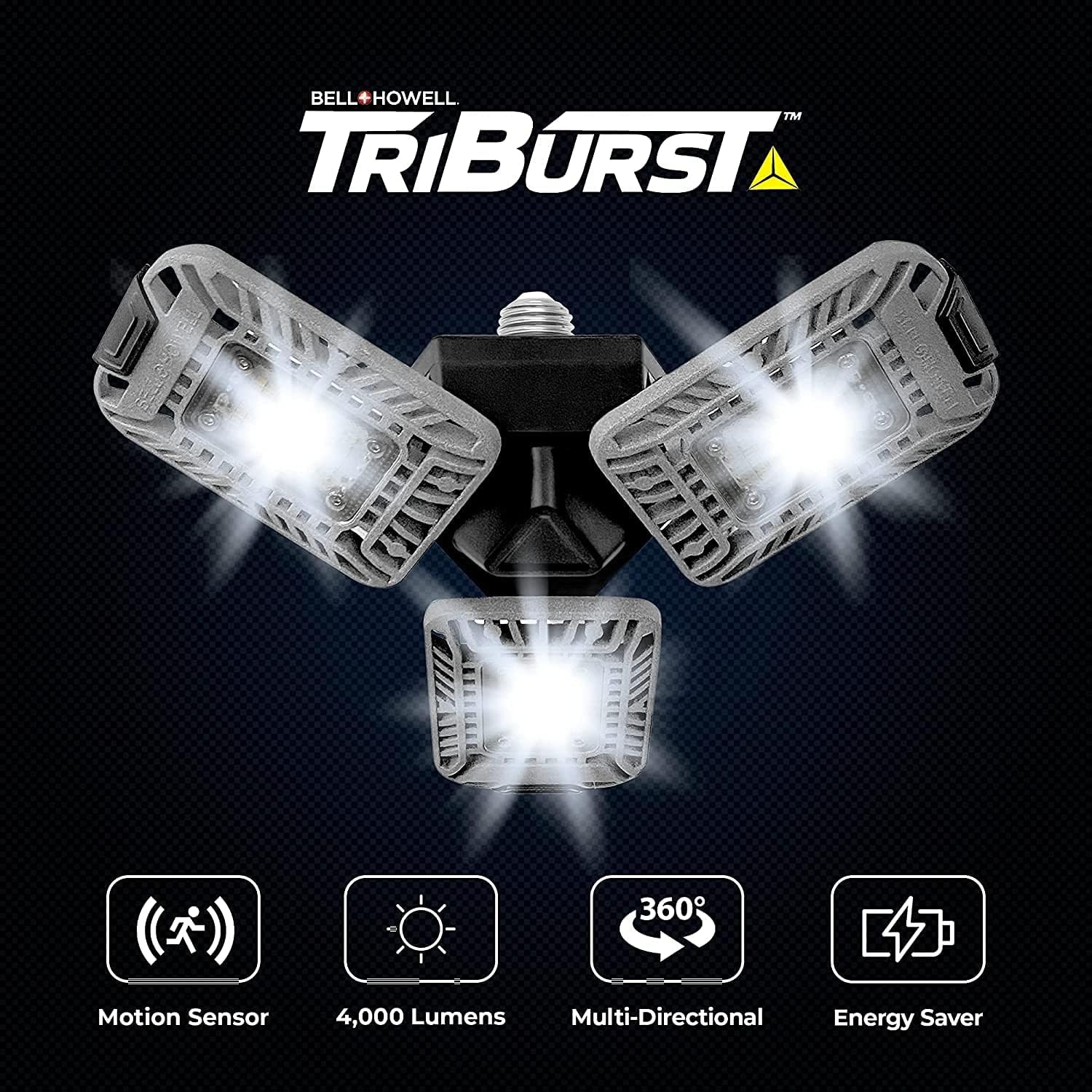 Icons representing key features of the Bell+Howell Triburst LED light: Motion Sensor, 4000 Lumens, Multi-Directional, and Energy Saver.