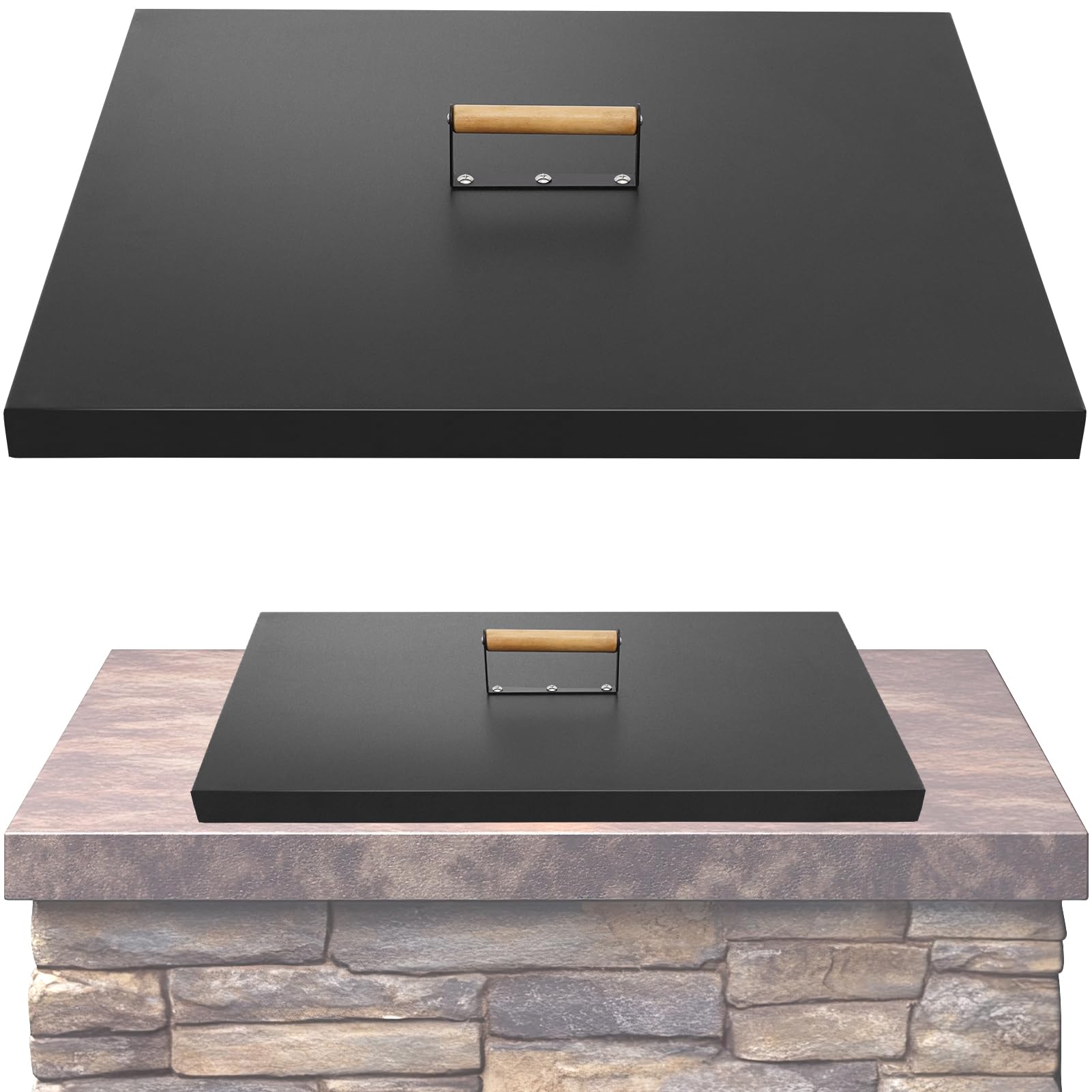 Photo 1 of Permade Fire Pit Lid Square 28", Heat Resistant Metal Firepit Cover with 2 Wooden Handles for Square Patio Fire Pit, Compatible for Firepits Inside Dia Up to 26"
