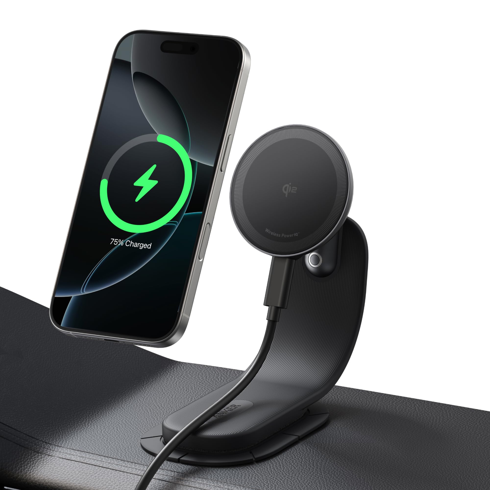 Anker Nano Caricabatterie Wireless Magnetico da Auto, Regolabile a 360° con Supporto Rimovibile, Ricarica Rapida 15W Certificata Qi2 con Supporto in Lega, per iPhone 16/15/14/13 (Adattatore Incluso)