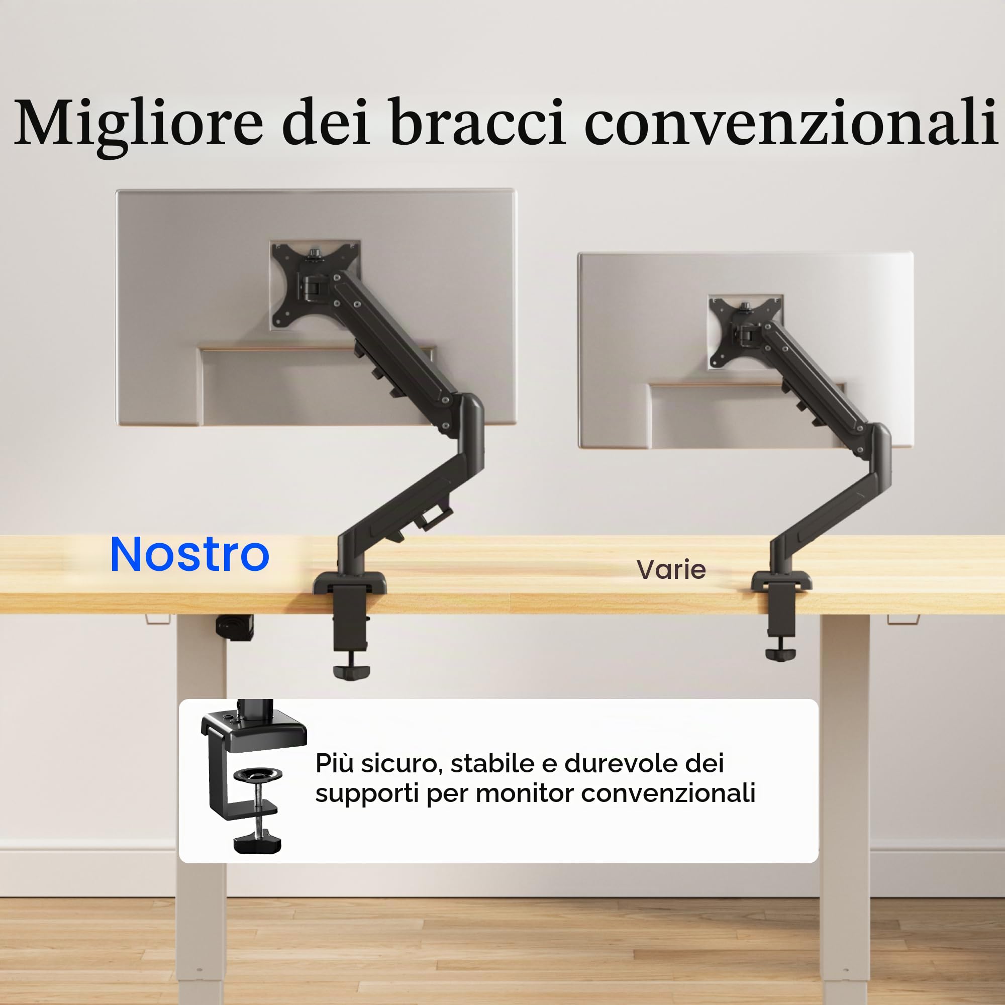 FLEXISPOT Supporto Monitor 17–32", Braccio a Gas Regolabile in Altezza e Orientabile, per 1 Monitor, Compatibile VESA 75x75/100x100, Fissaggio con Morsetto o Foro Passacavo