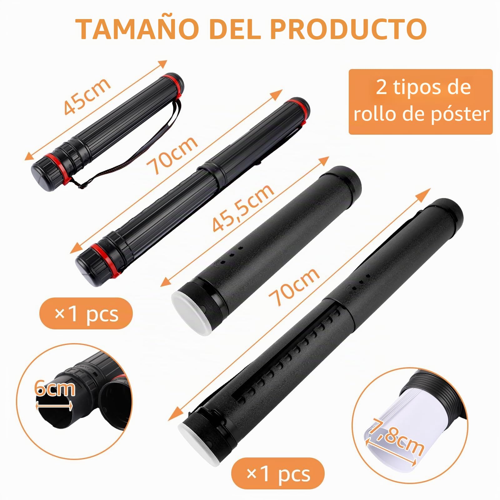 2 rollo de transporte para pósteres, A0, color negro, 45 – 75 cm, tubo de transporte telescópico