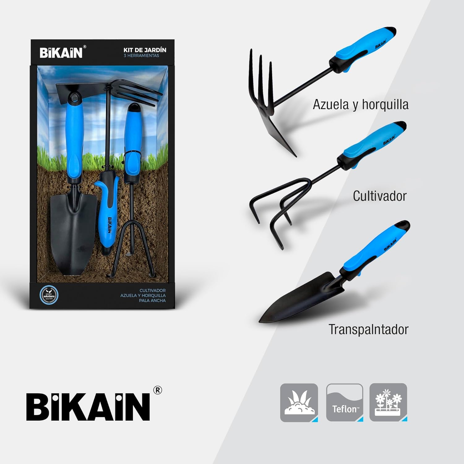 Gardening Kit - 3 Tools - Includes Wide Shovel, Lance+Fork and Cultivator - Ergonomic and Non-Slip Handles - Steel Tool