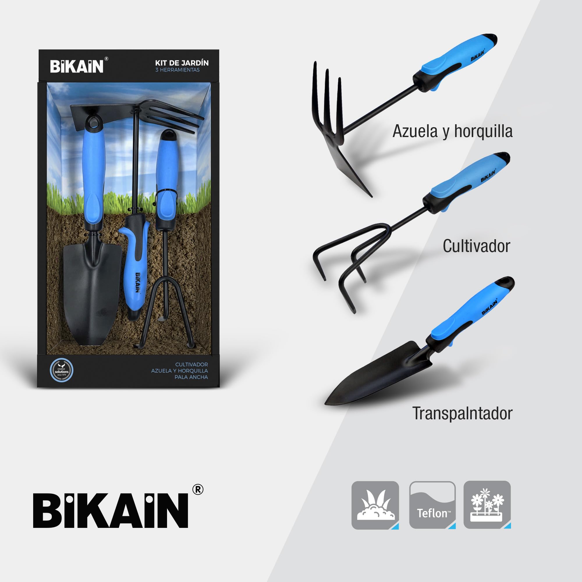BIKAIN - Kit per giardinaggio e orticoltura - Include pala larga, piccone + forca e coltivatore - Manici ergonomici e antiscivolo - Utensili in acciaio - Utensili da giardinaggio