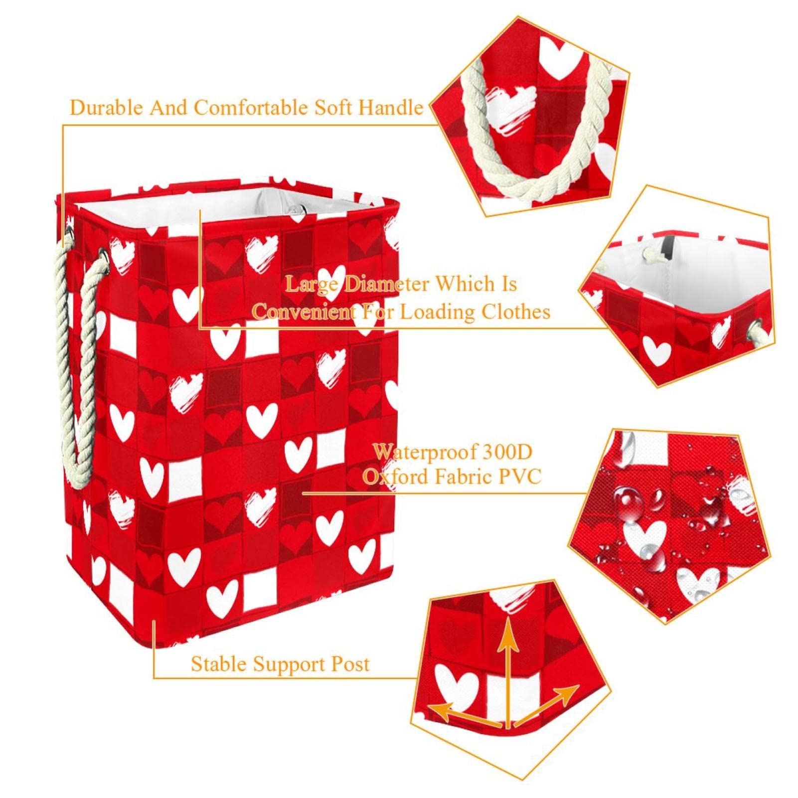Cesta impermeable para la ropa sucia con asa, diseño de corazón rojo