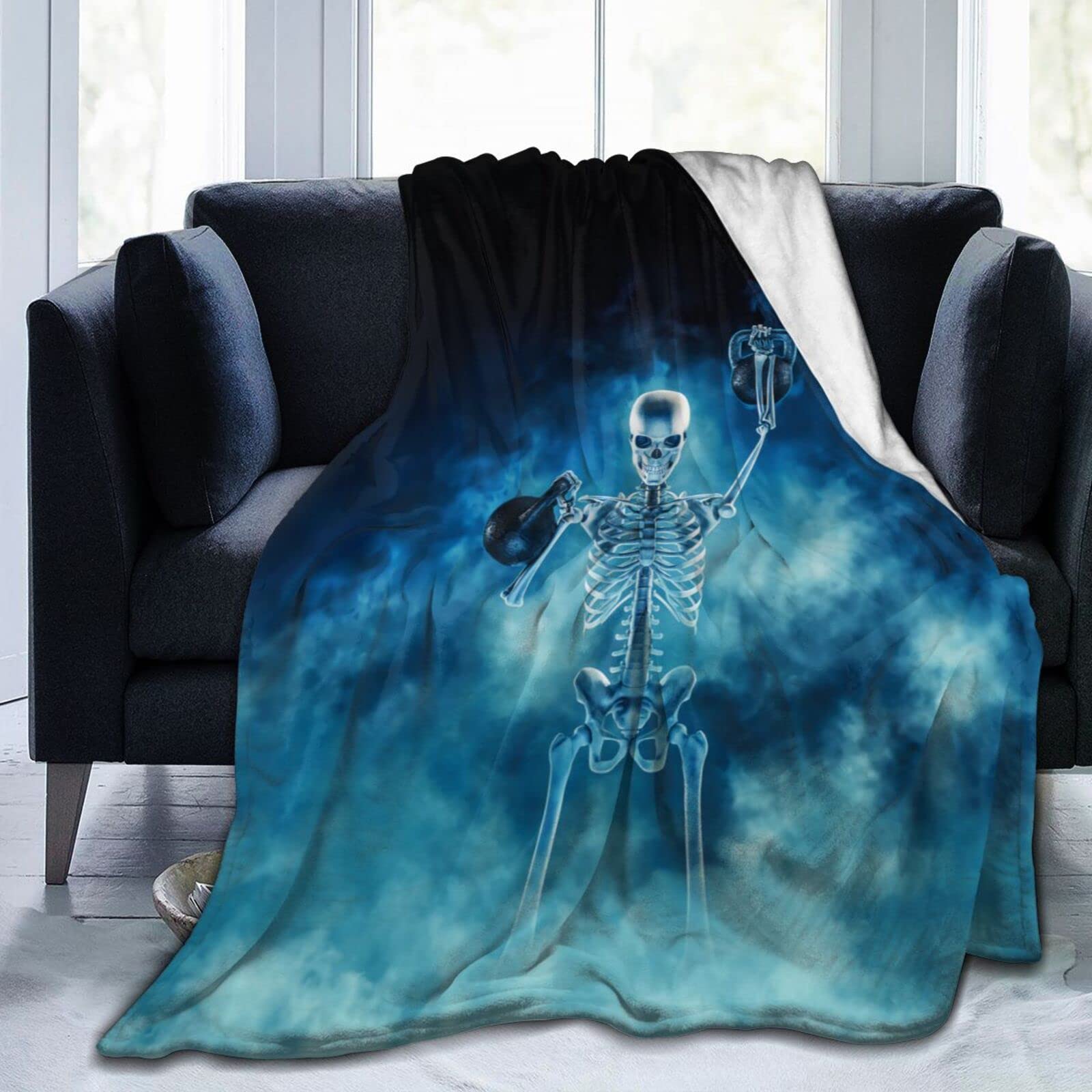 Lsjuee Scary Skeleton Throw Blanket Scary Halloween Design Blankets Lightweight Soft Cozy Flannel Blanket for Sofa Couch Bed Office 80"X60"