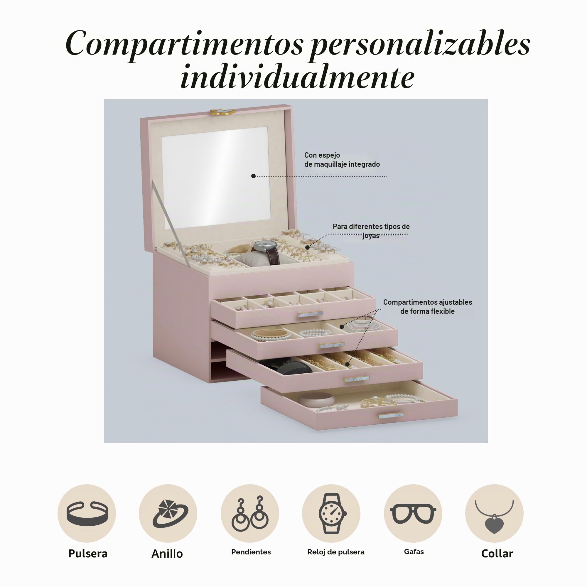ADEL DREAM Joyero de 5 niveles con botón de trébol, almacenamiento de joyas con bandeja extraíble, organizador de joyas con espejo grande, compartimentos ajustables para manualidades, para madres y