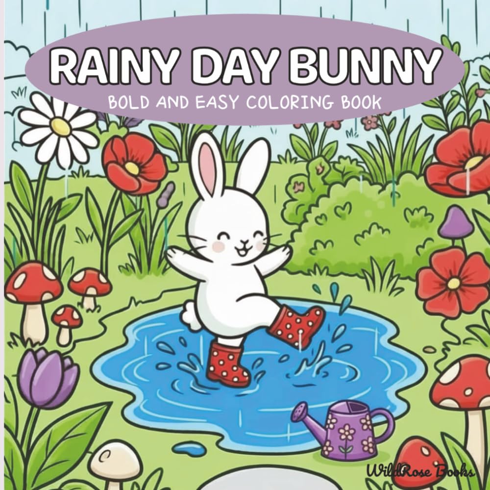 Rainy Day Bunny: Bold and Easy Coloring Book for Adults, Teens and Kids with Cute Bunnies, Ducks and a Hedgehog Splashing in Puddles, Playing in the Rain and Sweet Friendship Moments