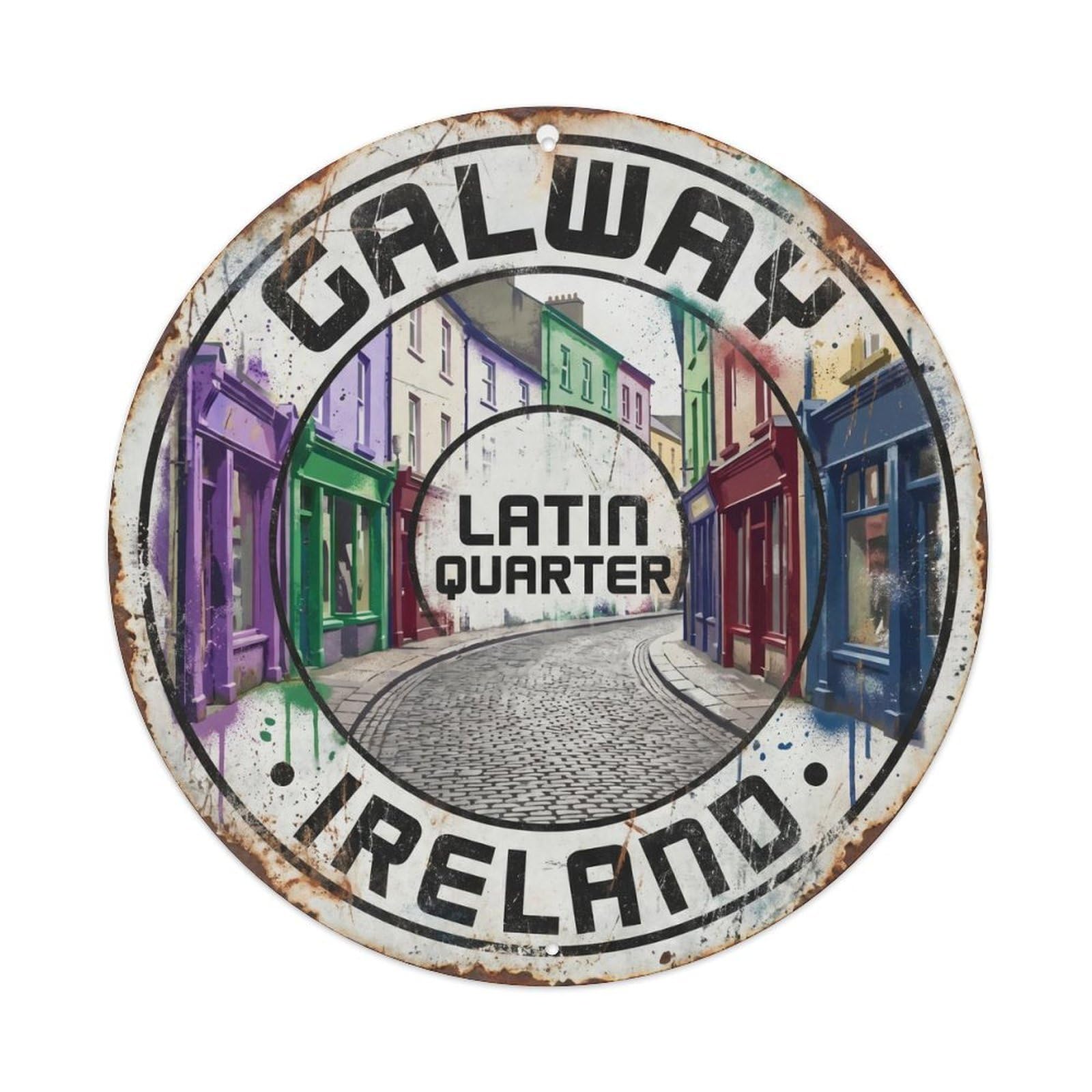 Cmhok Vintage Style-26 Vintage Travel Galway Quarter Ireland Artwork Metal Tin Sign Plaque Wall Decor For Cafe, Club, Garden Round Metal Poster 8X8inch