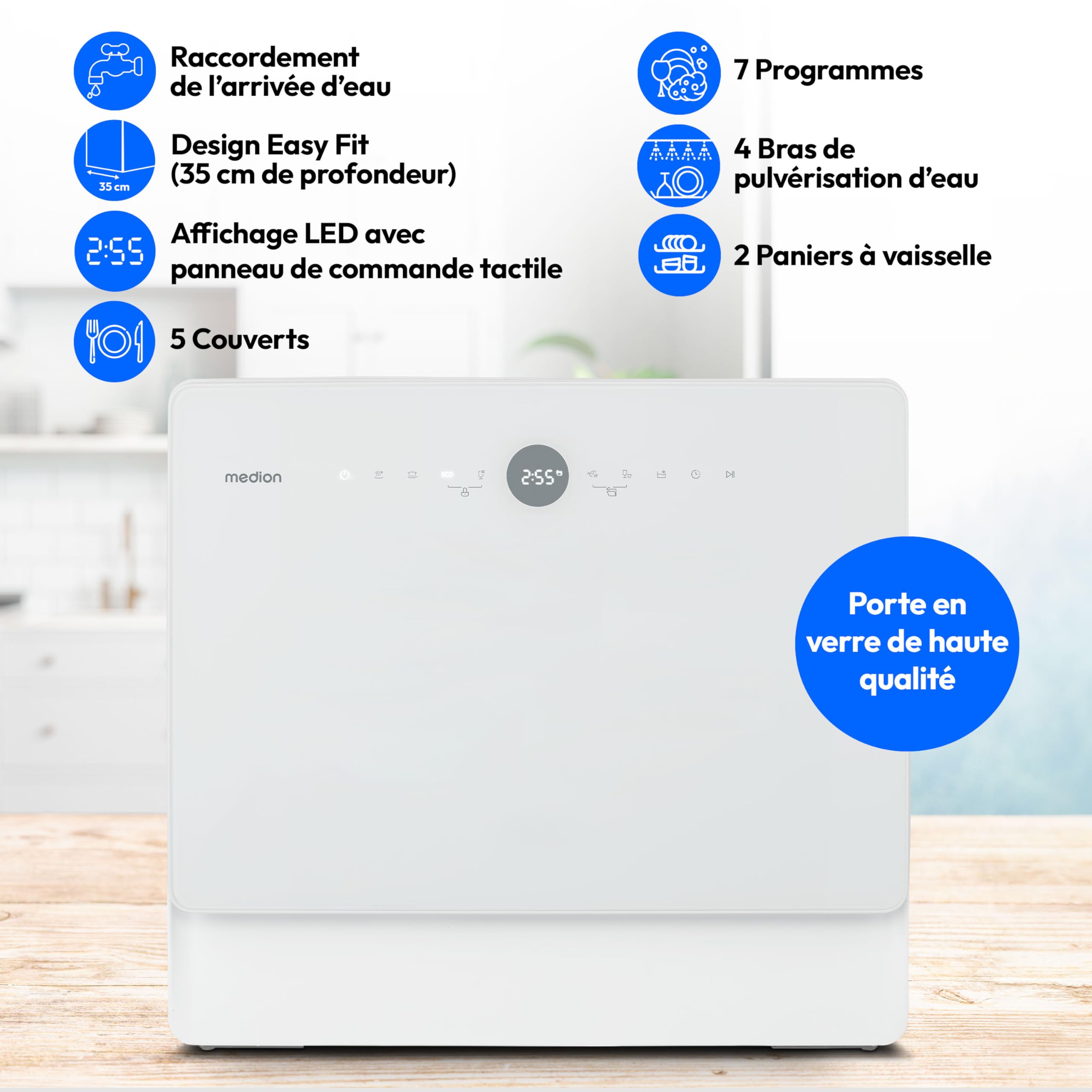 MEDION Mini lave-vaisselle DWT50 (lave-vaisselle de table, lave-vaisselle, 5 couverts, fonctionne avec/sans raccordement à l'eau, fonction seau, 35 cm de profondeur, 7 programmes de nettoyage, MD 3777
