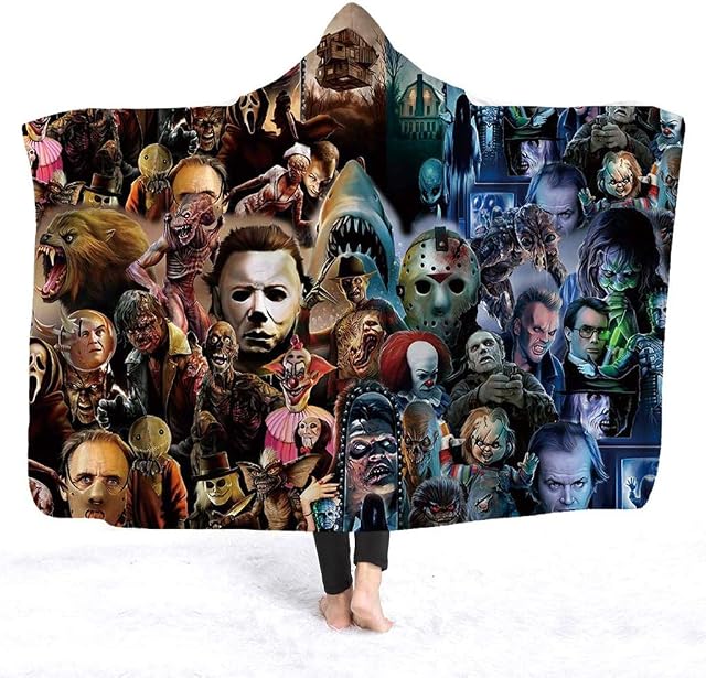 Hooded Blanket by NUMONE, Horror Mysterious Character Hooded Blanket for Adult Gothic Sherpa Fleece Wearable Throw Hooded Cloak Air Conditioning Blanket for Summer (B, 59x51inch)