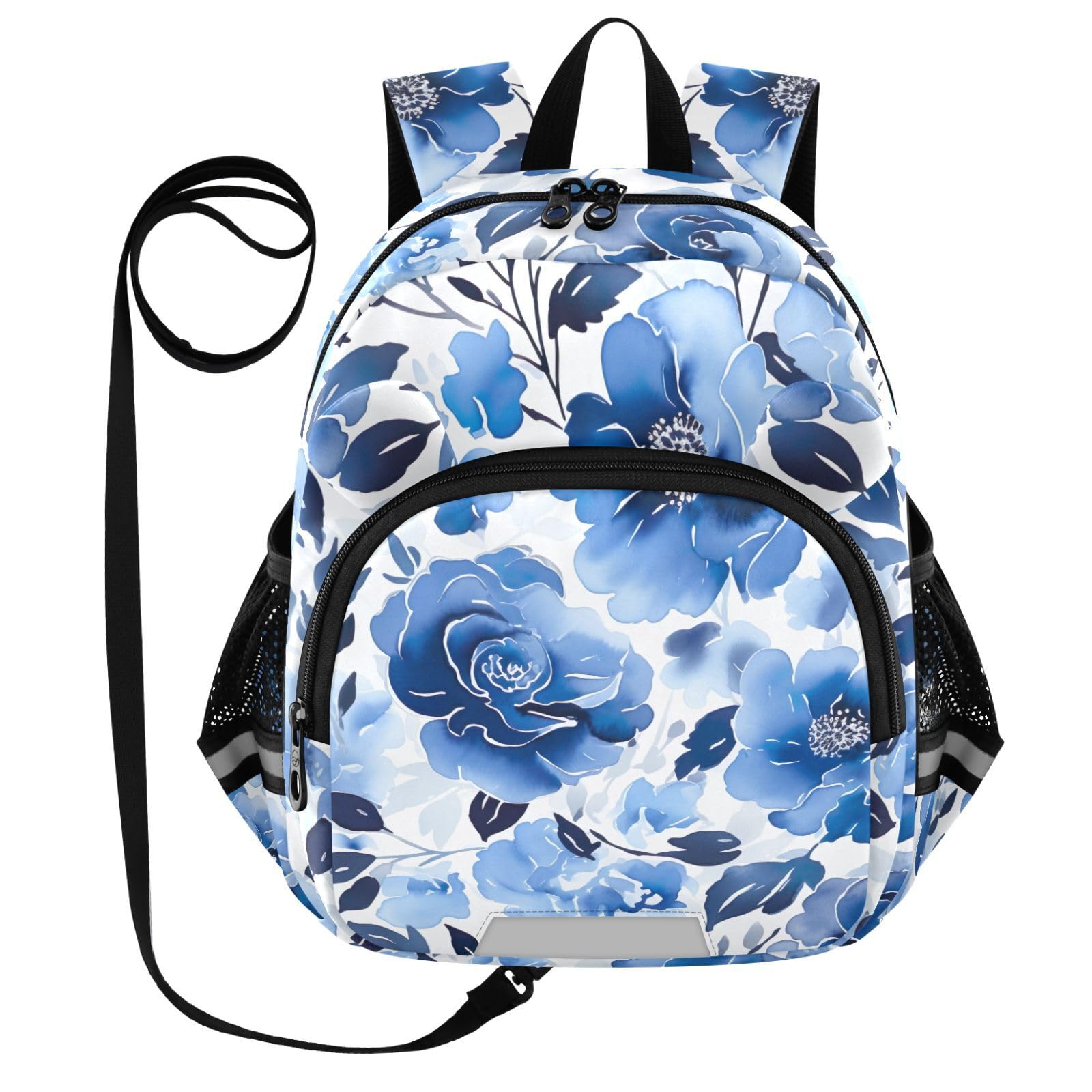 Watercolor Painting Flowers Blue Toddler Harness Backpack for Boys Girls 3-6 Years Kids Backpack with Anti Lost Safety Leash Baby Travel Bag for Walking Preschool Travel