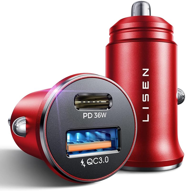 Carregador veicular LISEN USB-C PD 30 W e QC 18 W, 2 portas, corpo em alumínio vermelho – Pacote com 2
