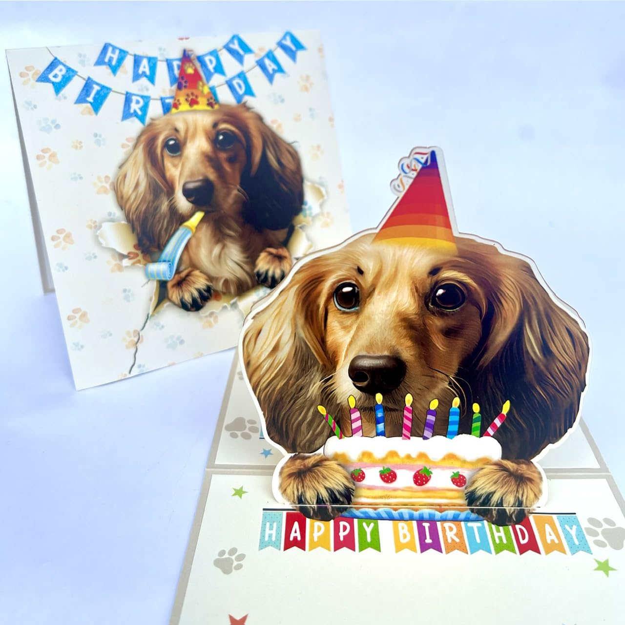 Momapopup Long Haired Dachshund Birthday Card 3D Pop Up — Longhaired Dachshund with Party Hat & Cake, Funny Wiener Dog Birthday Card for Dachshund Lovers, Doxie Mom Dad Gift, Includes Envelope — image 1