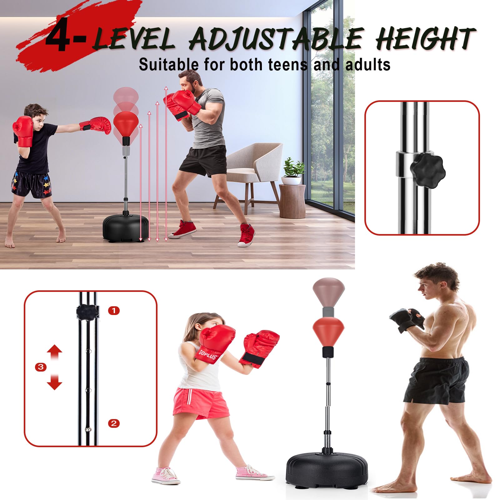 KOMFOTTEU Saco de Boxeo con Altura Ajustable 140-158 cm, Punchingball con Guantes de Boxeo, Pelota de Boxeo de Pie con Base Rellenable, Juego de Boxeo para Niños y Adultos (Rojo)