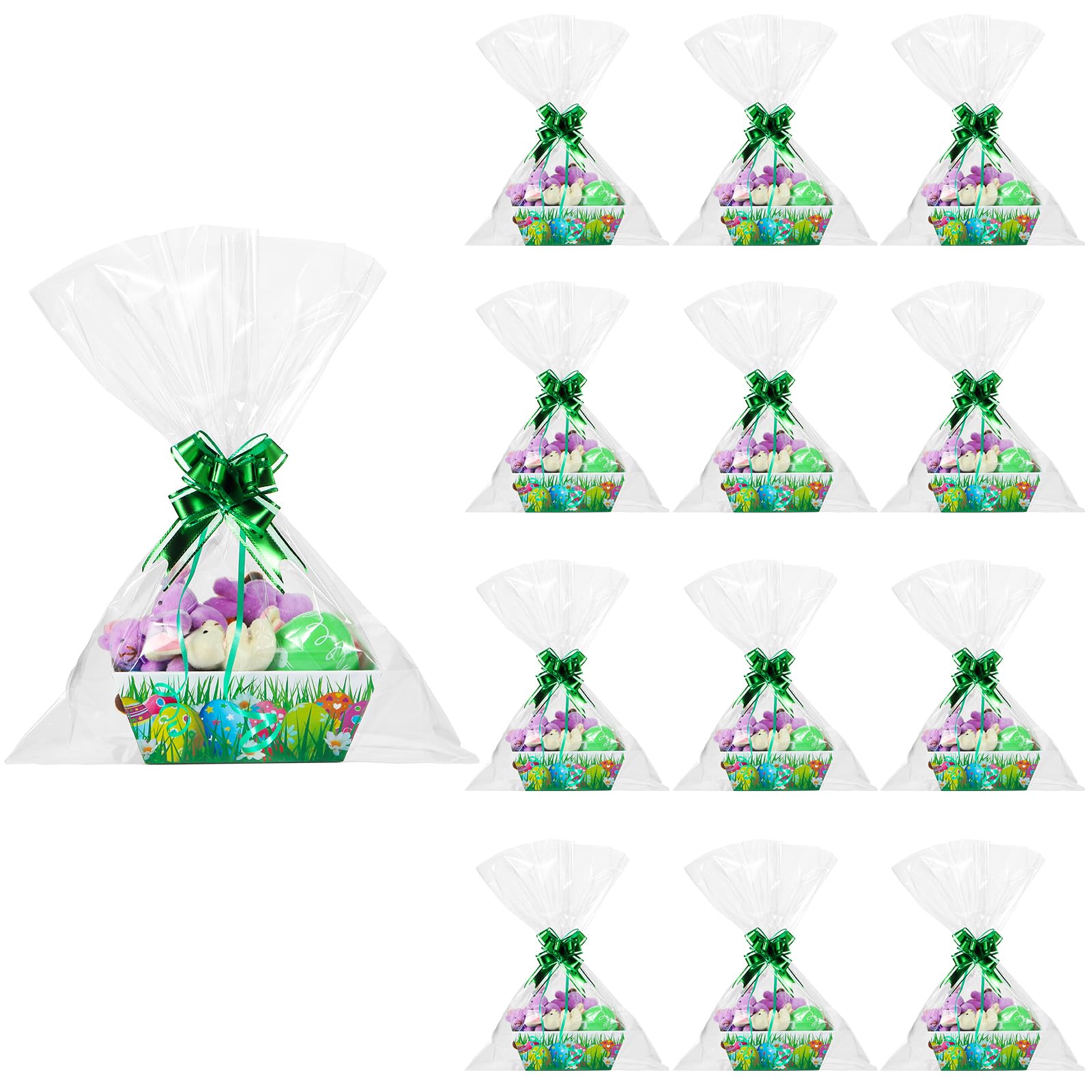 Canlierr 50 Pcs Easter Basket for Gifts Empty Include 12 Pcs 8" x 6" x 3" Gift Basket Empty to Fill with Handles 18 Pull Bows and 20 Clear Plastic