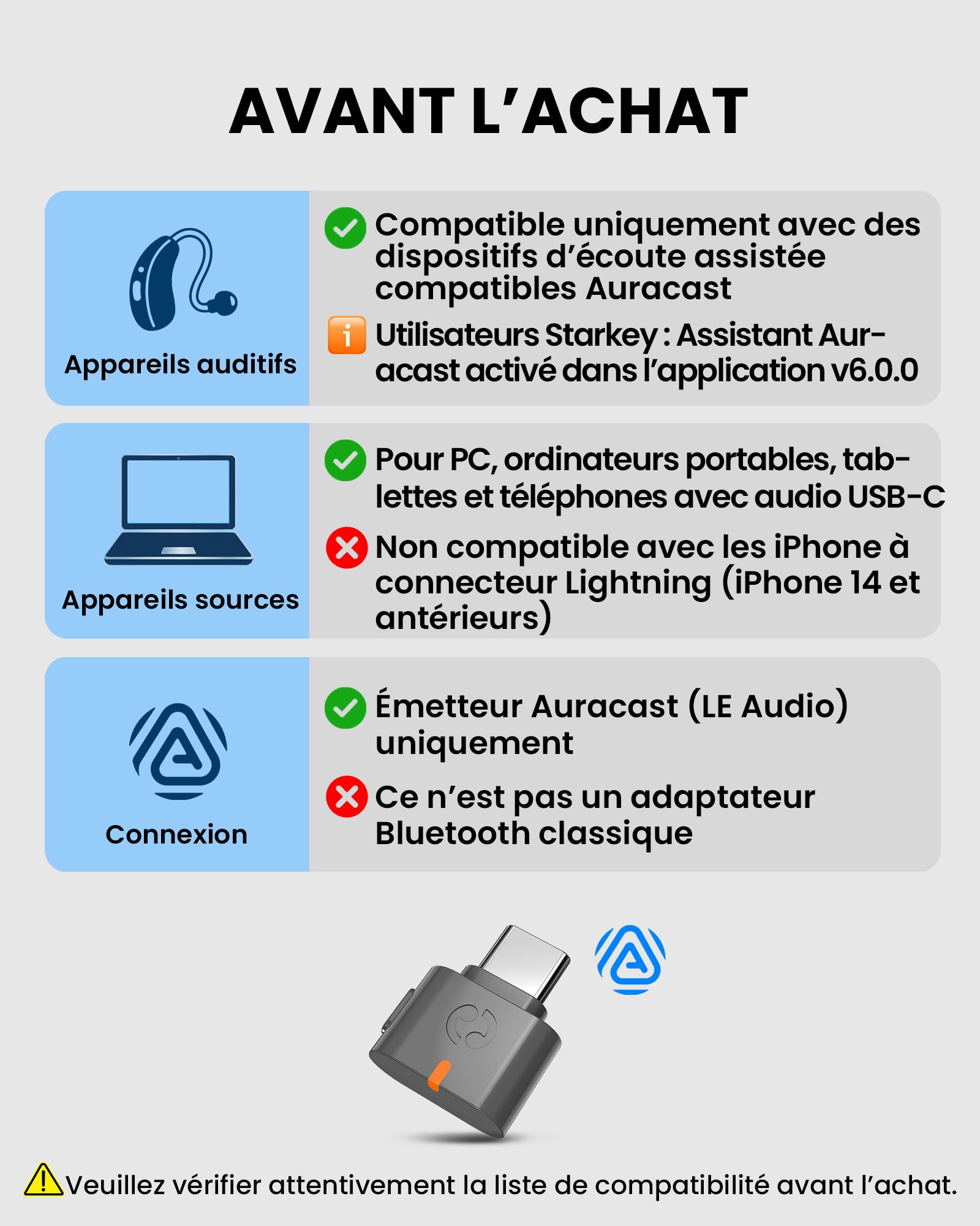 Avantree C82 Aura – Émetteur Audio Auracast avec Modes Privé et Public, Diffusion Multi-Appareils Auracast, Bluetooth 5.4 Qualcomm, Mise à Jour du Firmware, Adaptateur USB-C pour PC, Mac et Téléphones