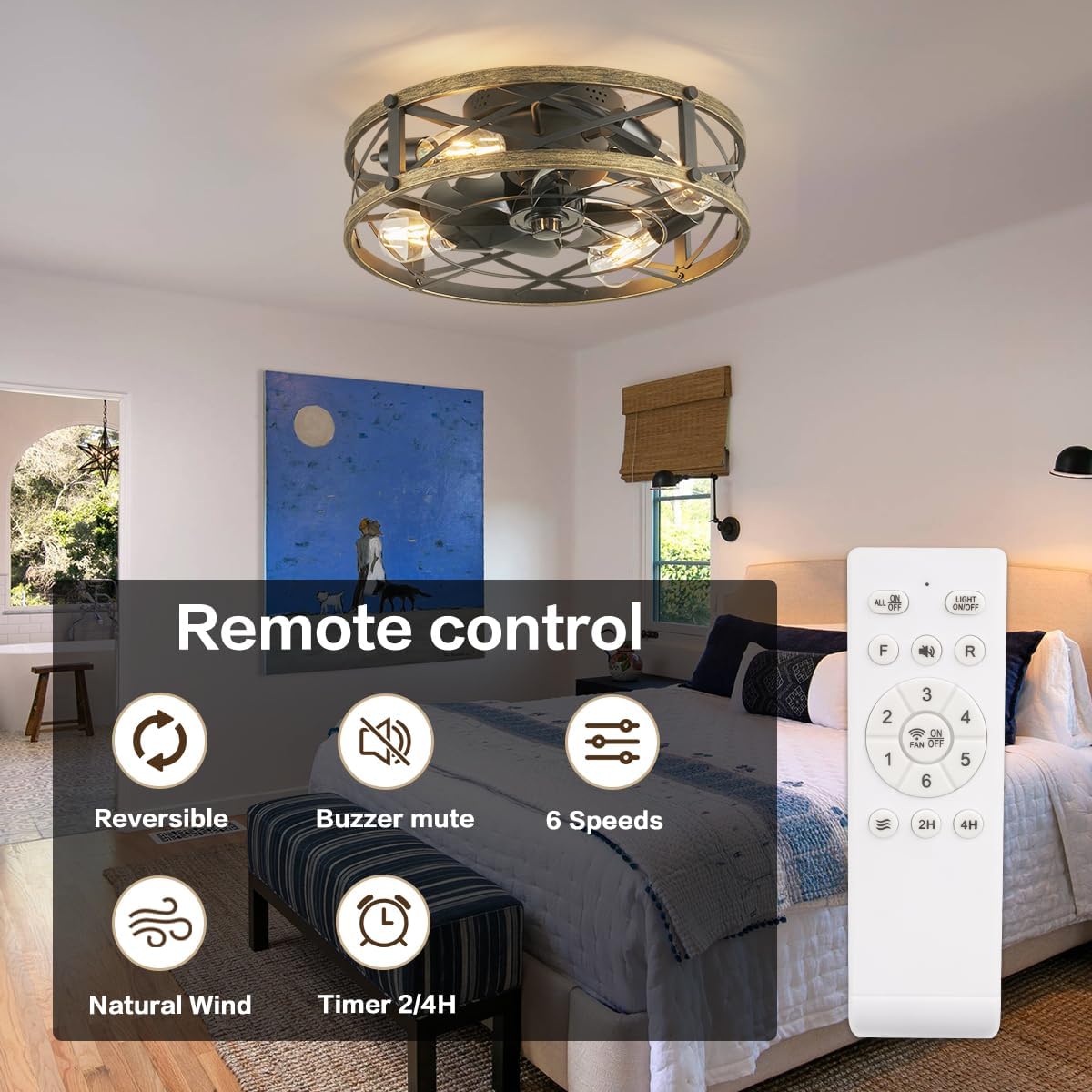 19" Caged Flush Mount Ceiling Fans with Lights and Remote, Farmhouse Low Profile Ceiling Fan with Light, Rustic Bladeless Ceiling Fans with Lights for Kitchen, Living Room, Bedroom