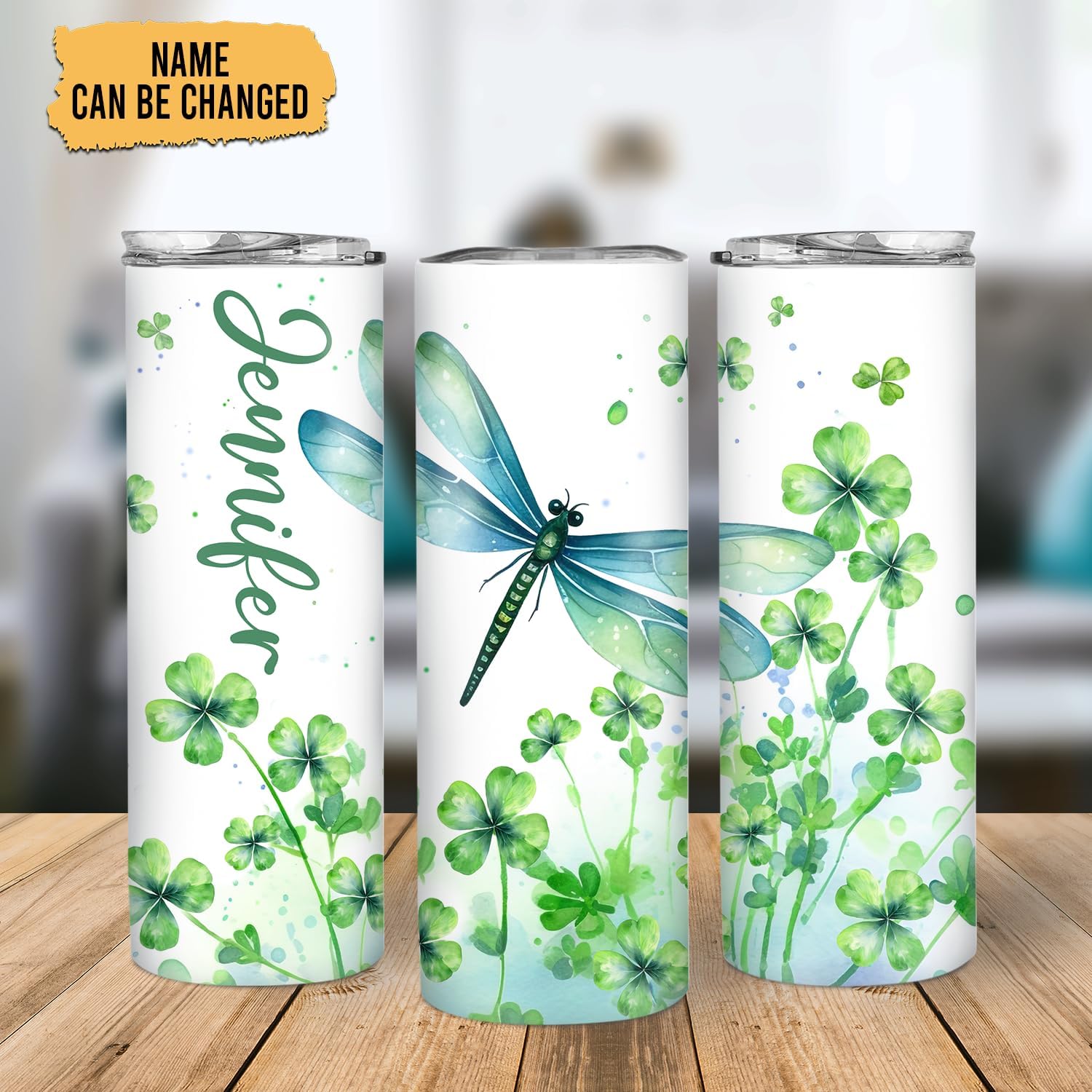 Hyturtle Personalized Dragonfly Skinny Tumbler - St Patricks Day Gifts For Dragonfly Lovers - Green Irish Shamrocks Gifts for Irish Women Men Friends - Custom Name 20oz Stainless Steel Tumbler Cup