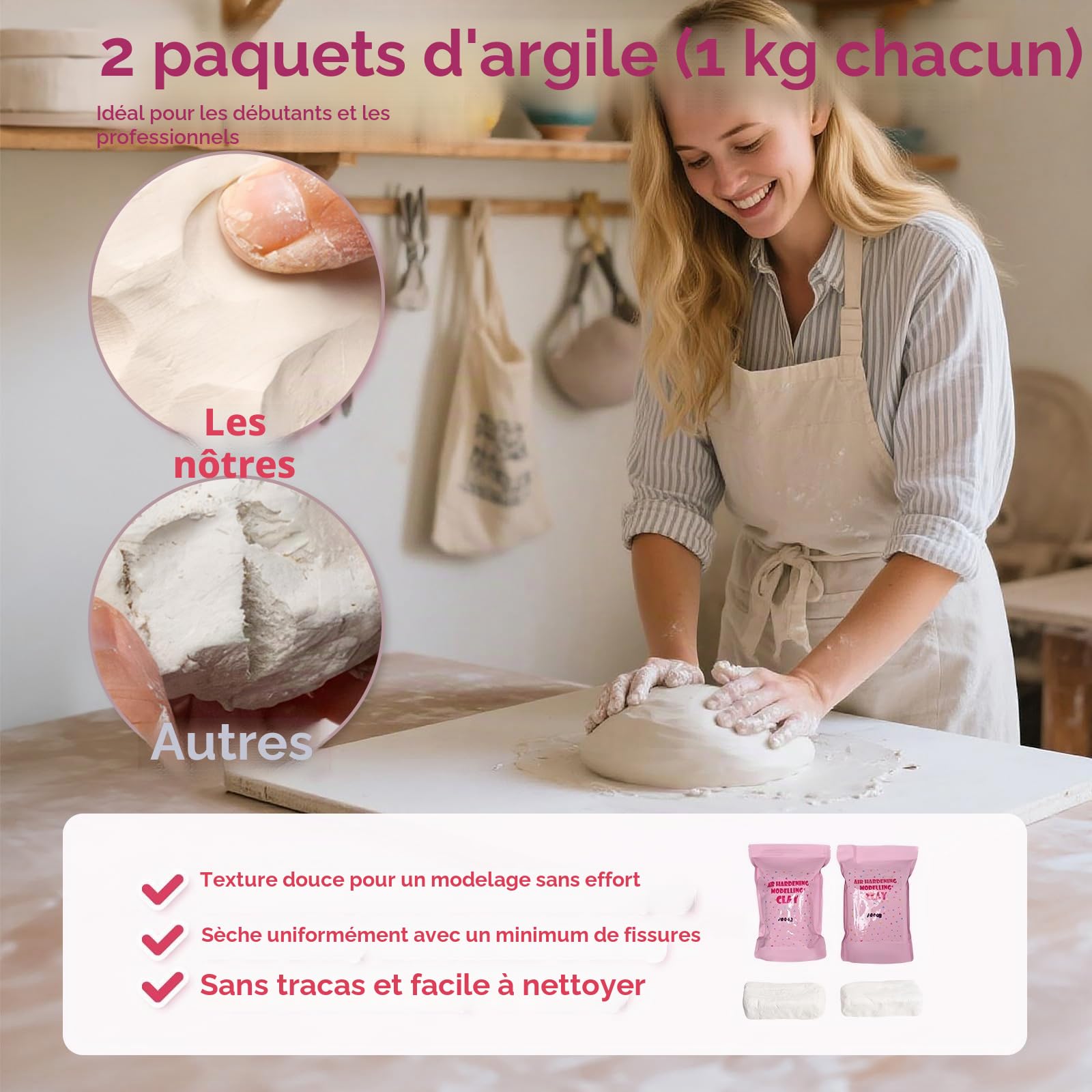 WildFun Kit de poterie pour la maison [incl. 2 kg d'argile] - 24 pièces de kit de bricolage pour la poterie pour adultes incl. jeu d'outils, couleurs & tampons - sèche à l'air, ne brûle pas