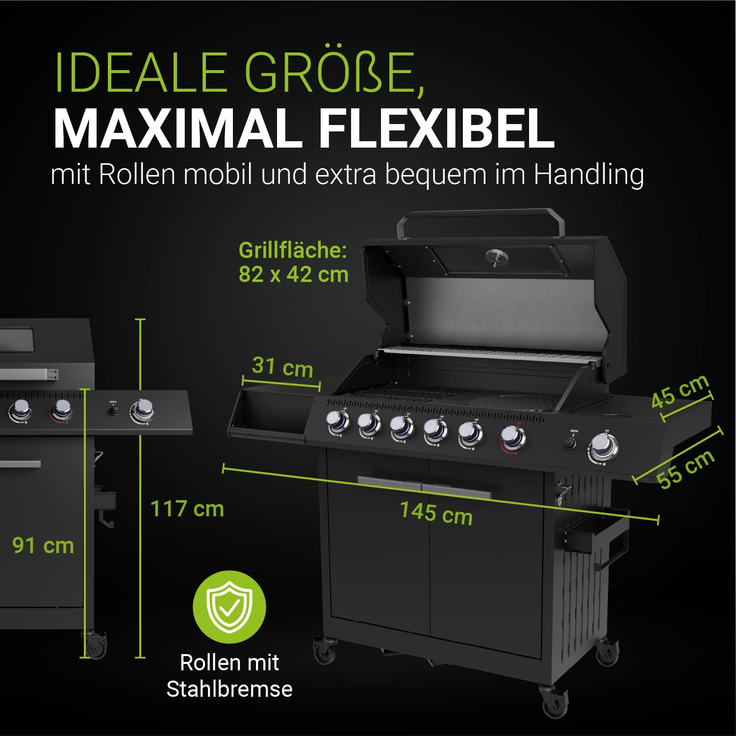 JUSKYS® Gasgrill Tennessee 6+1 – Grillwagen mit 6 Edelstahlbrennern, Seitenkocher, Gusseisenrosten, Glasdeckel mit Thermometer, LED-Knöpfen & Abdeckung