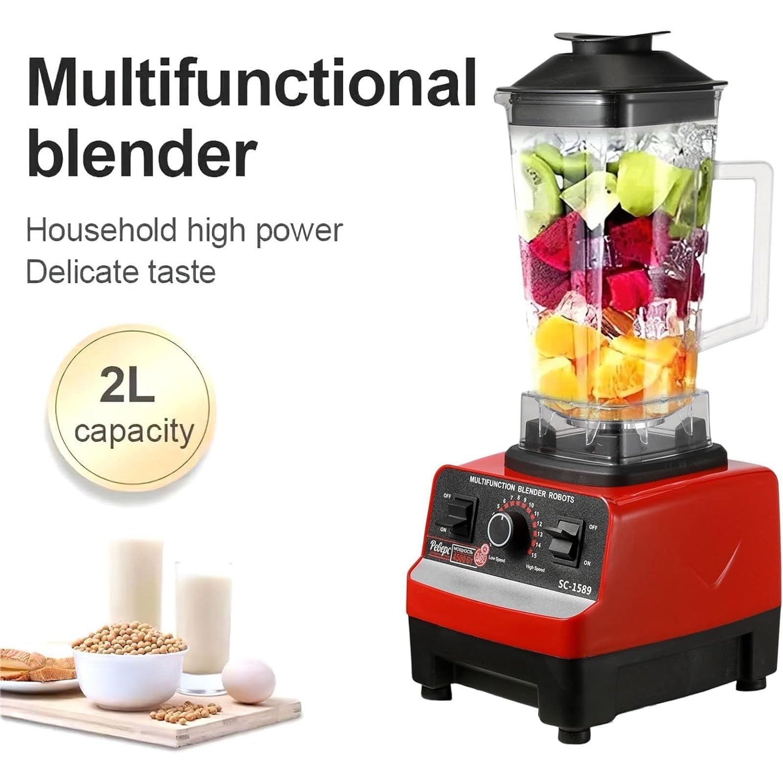 Blender Komercyjny 2L - 4500W Wysoka Prędkość Smoothie Maker Z Kubkiem 650ml, 6 Ostrzy Ze Stali Nierdzewnej, Regulowana Prędkość I Pulse, Sokowirówka Młynek I Kruszarka Lodu