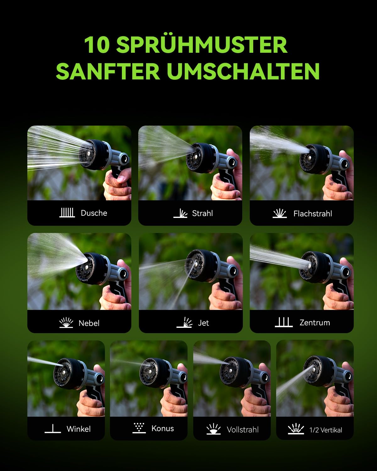 RAINPOINT Gartenbrause Metall, Hochdruck Gartenschlauch Düse mit 10 Bewässerungsmuster, Daumensteuerung, Hochbelastbar Garden Spritze für Bewässerung, Autowaschen, Haustierdusche, Schwarz