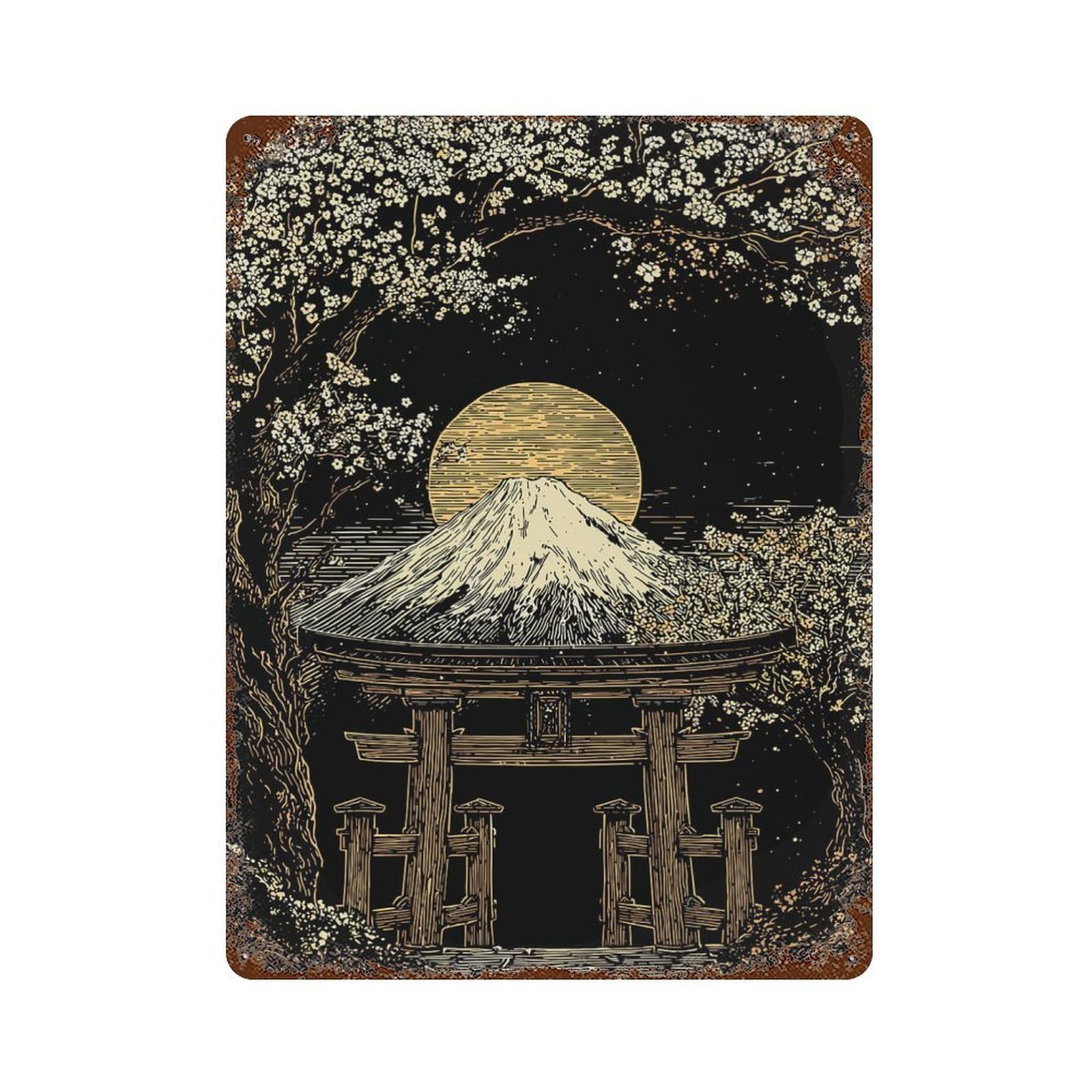Mount Fuji And Torii Gate Illustration 15.7"x11.8" Retro Metal Sign, Industrial Home Decor for Basement, Hobby Room And Garage Decor