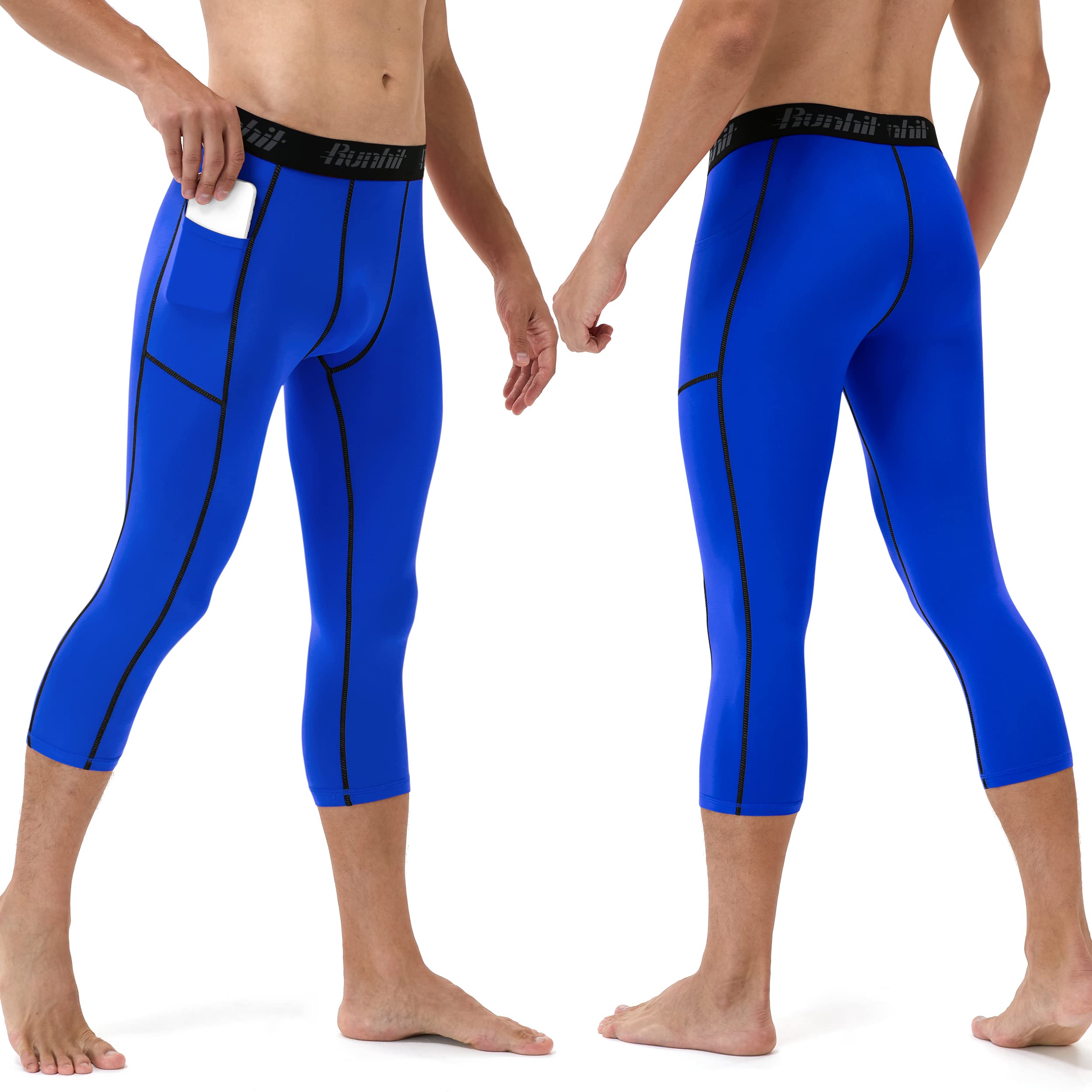 Runhit Męskie spodnie kompresyjne 3/4 z kieszeniami, sportowe legginsy sportowe, bielizna