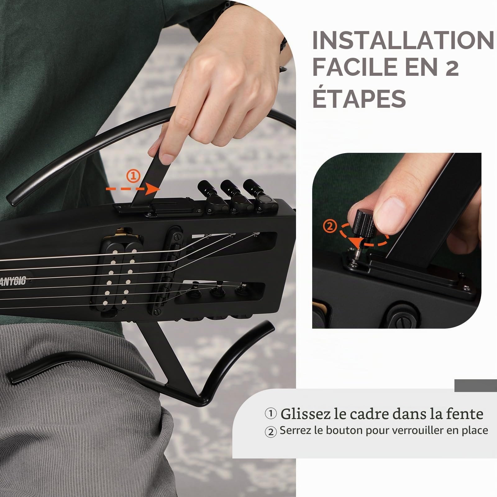 Guitare électrique de voyage, headless – portable, ultra-légère, diapason complet 25,5", palissandre, humbucker lumineux, housse de transport, supports amovibles, Noir