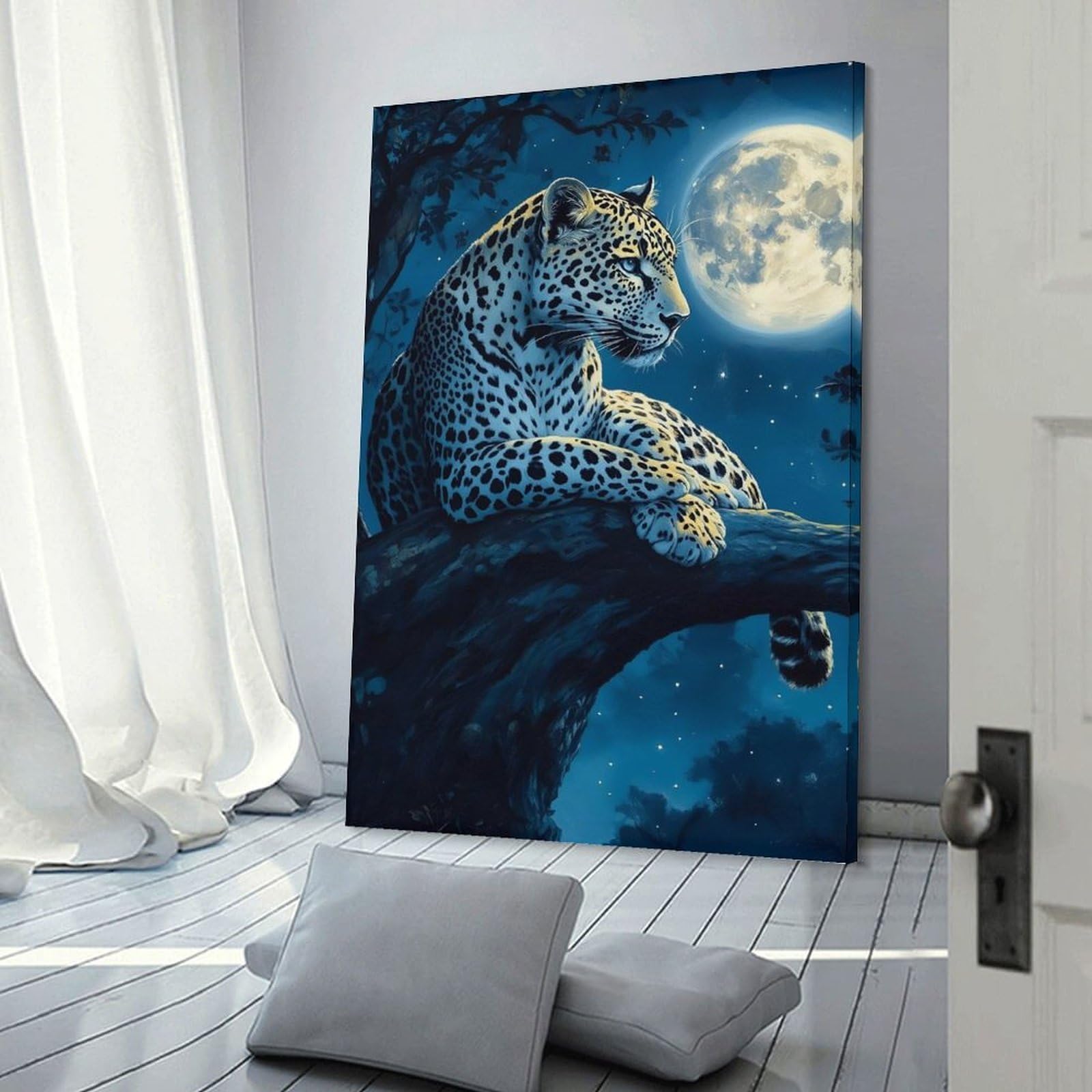 Junmoney Frame-Style-16 Leopard Under Moonlight Room Decor Wall Art, 24X36inch(60X90cm), For Living Room, Bedroom, Office Or Hallway, Decorative Artwork With Broad Appeal