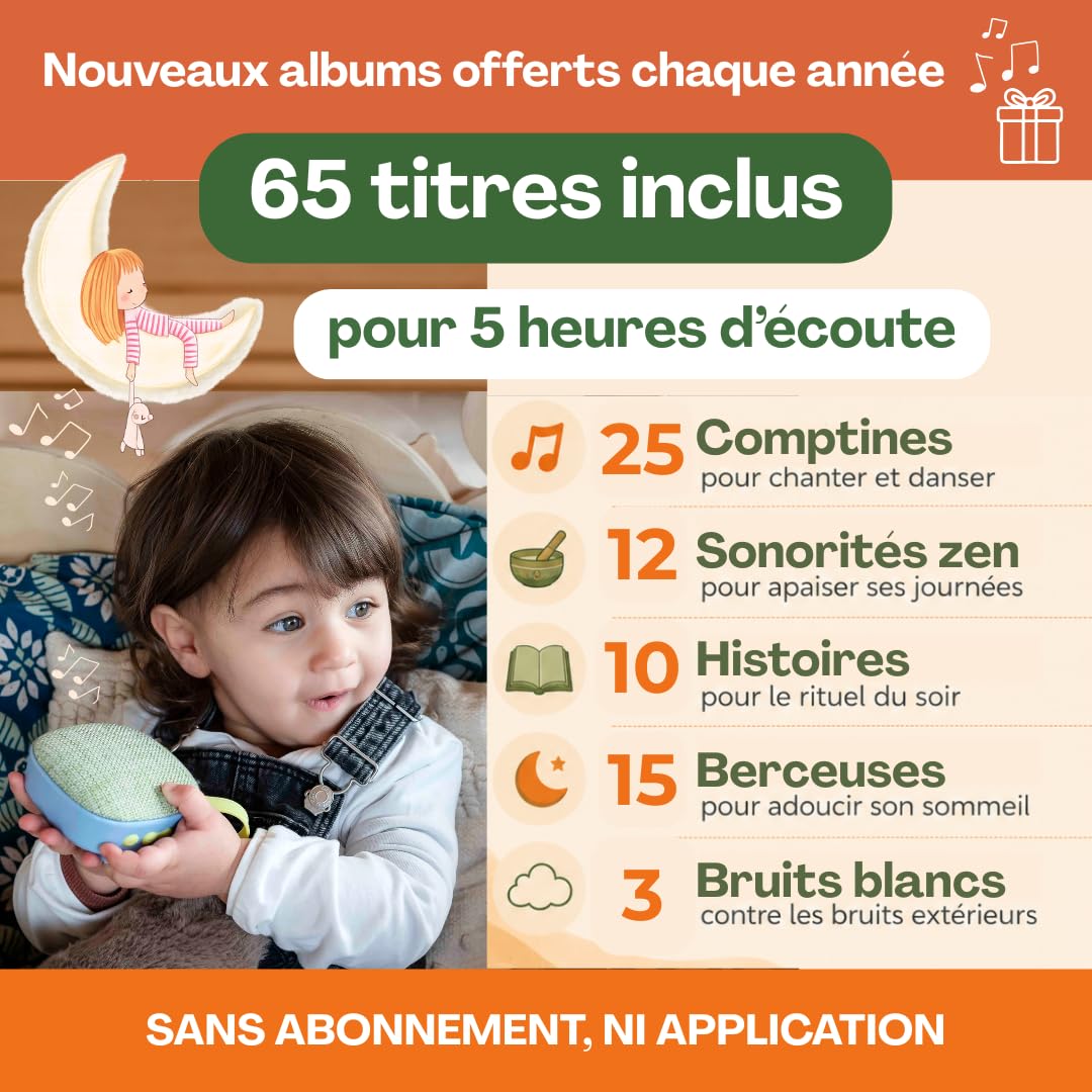 MAIASAURA - Caja de historias y música para niños con 65 títulos incluidos | 5 horas de contenido, graba su voz y contenido MP3, 10 horas de autonomía, sin ondas y sin pantallas, ligero
