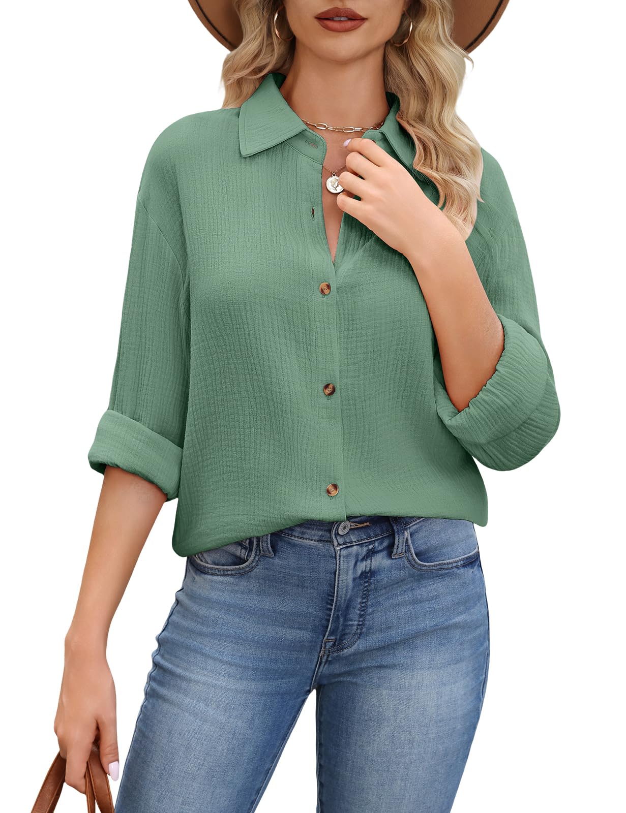 CMTOP Bluse Damen Musselin Hemdbluse Oversized Langarmshirt Baumwolle Oberteile Elegant V-Ausschnitt Longbluse Lässig Knöpfen Locker Tuniken