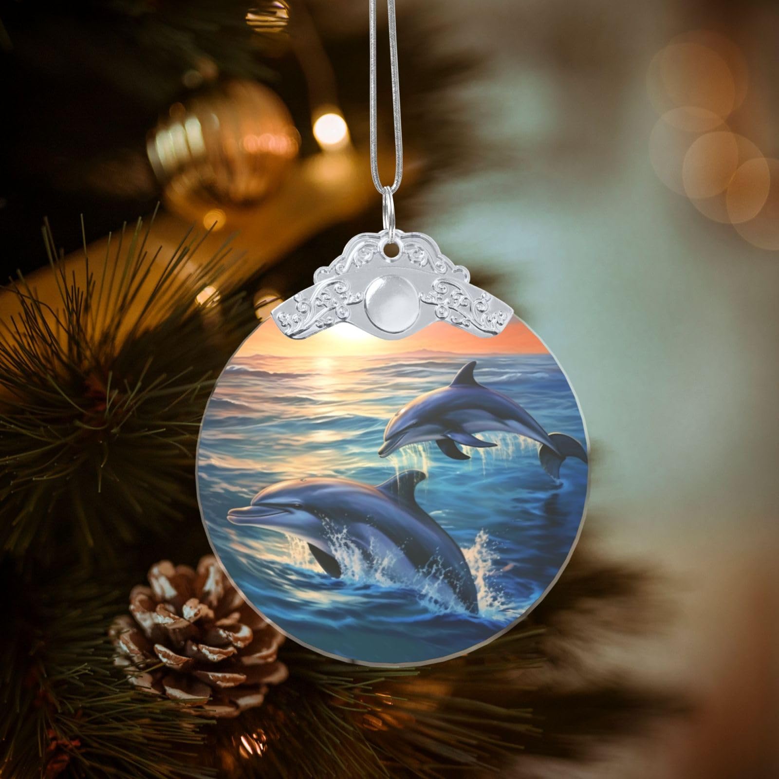 Crystal Christmas Ornaments for Christmas Tree Decoration Hanging Dolphins in The sea Ornament with Gold Ribbon Crafts Round Pendant for Keepsake Gifts Glass Xmas Decor Party Supplies