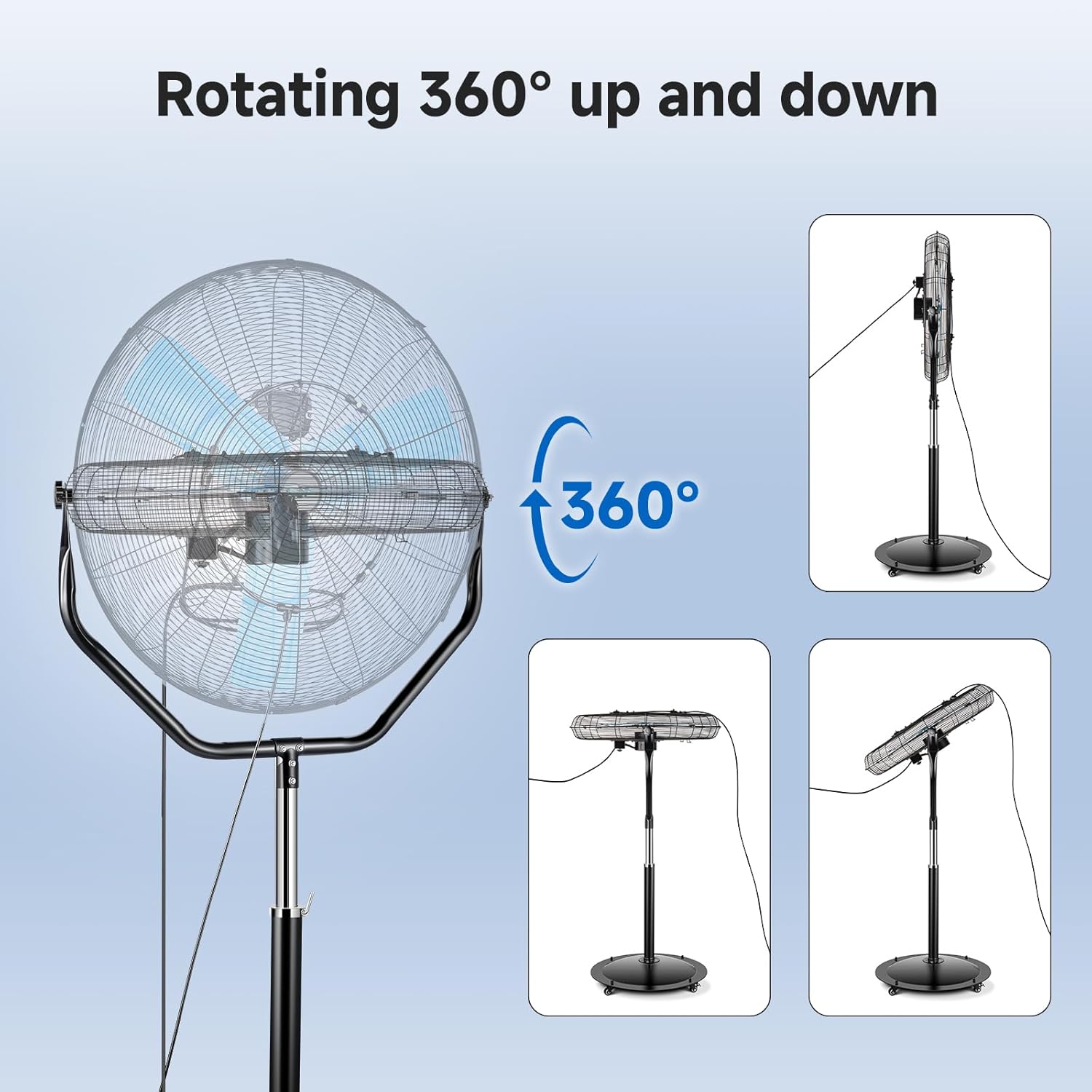 pasapair 8160 CFM 30 High Velocity Outdoor Misting Fan, Standing Fans for Patio Waterproof, Cooling Floor Fan 3-Speed, 360°Rotating, Adjustable Height,4 Casters, Heavy Duty Metal Industrial Fan